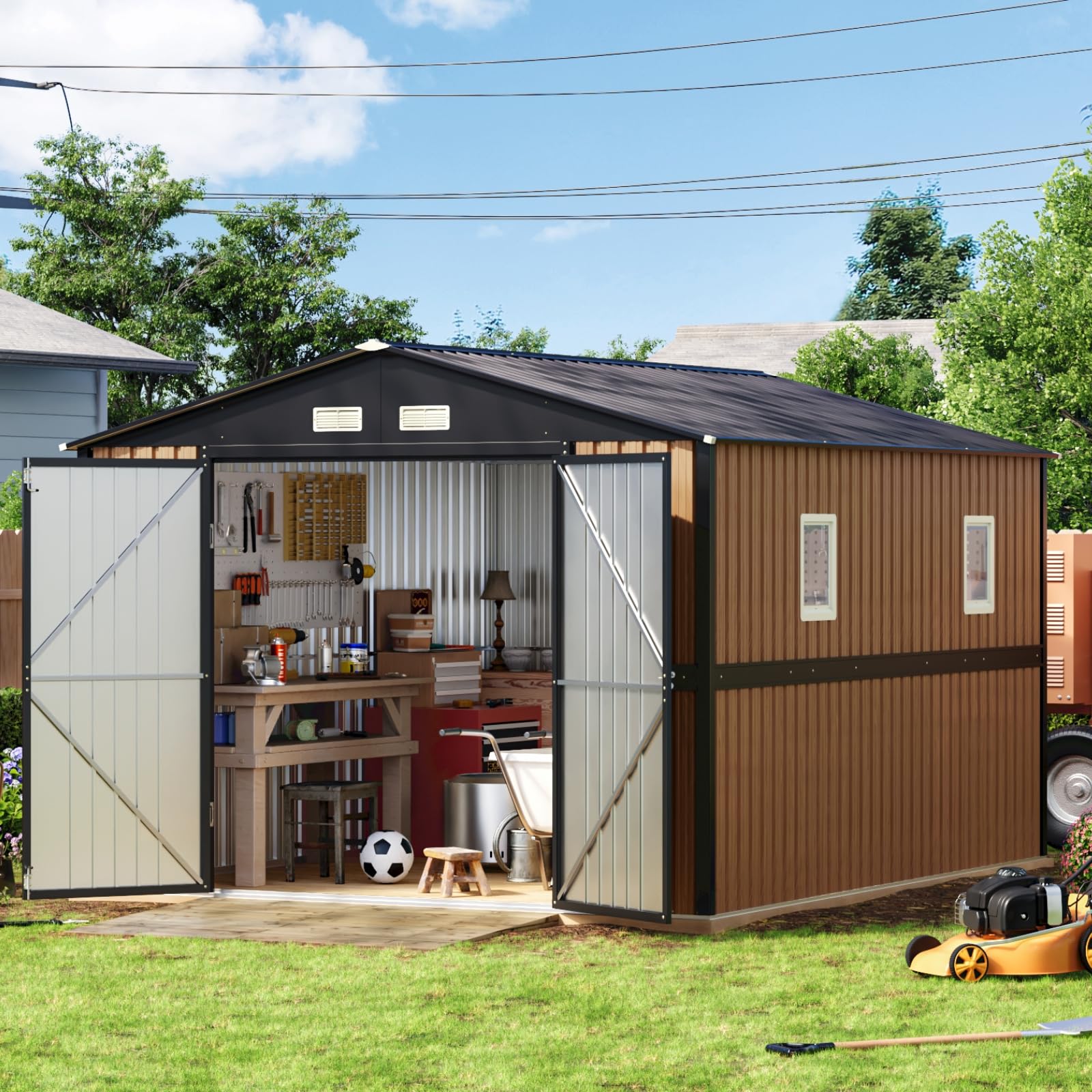 Panovue 10X12 Ft Outdoor Metal Storage Shed With Lockable Doors & 2 Windows, Storage Shed Large For Patio Storage, Garbage Can,