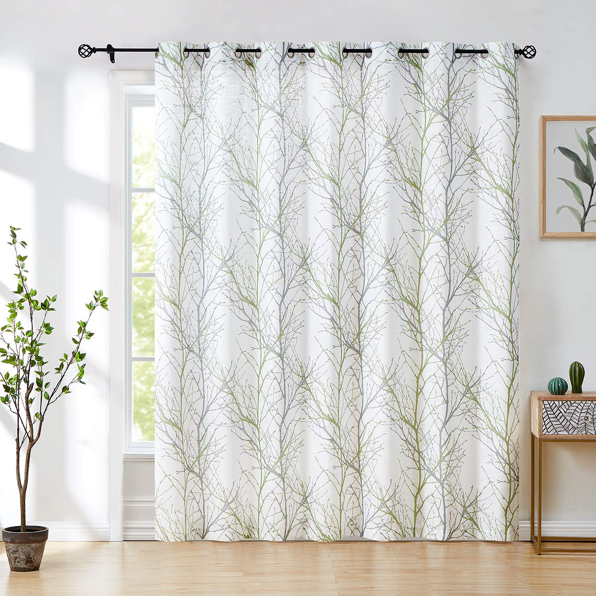 Fmfunctex Green-White Sliding Door Curtain 84 Inches Long Grey Branch Print Patio Door Panel Tree Semi Sheer Curtains Linen Text
