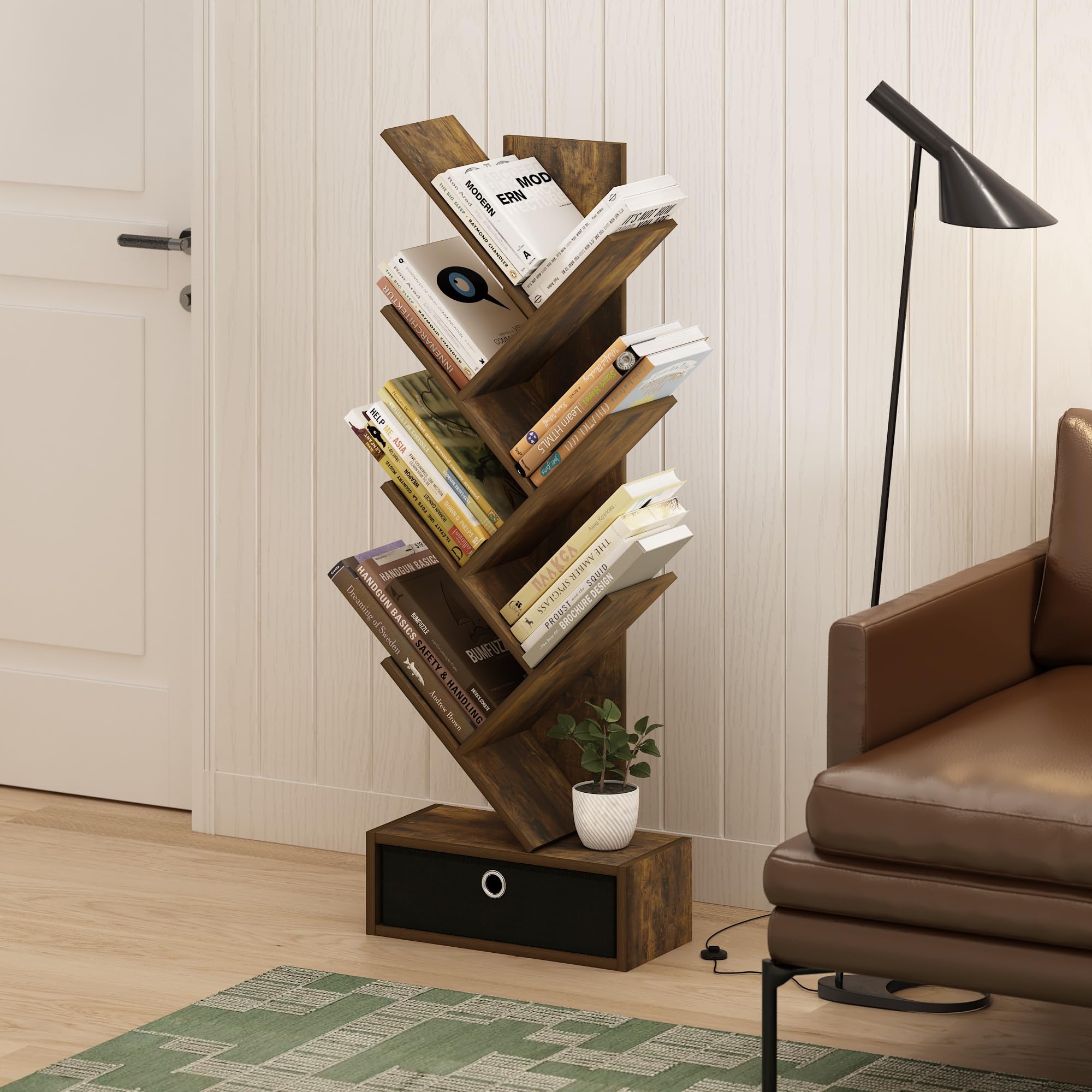 Furinno Tree Bookshelf 7-Tier Floor Standing Tree Bookcase with Bin Drawer, Amber Pine/Black