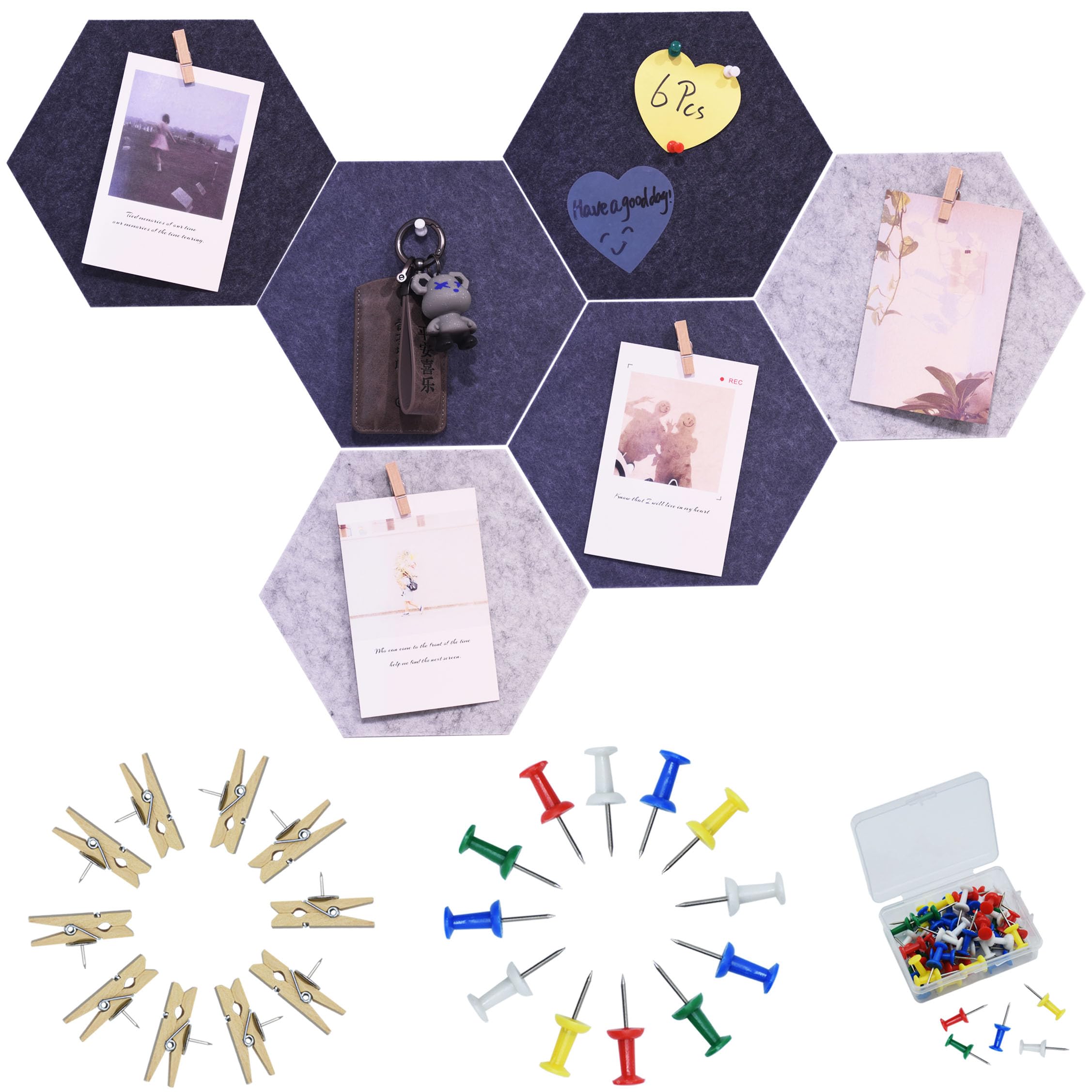 Youdeful 6Pcs Gray Hexagon Bulletin Board Strips,Grey Felt Pin Board Bar Strips With 50 Pushpins, Self-Adhesive Felt Cork Board