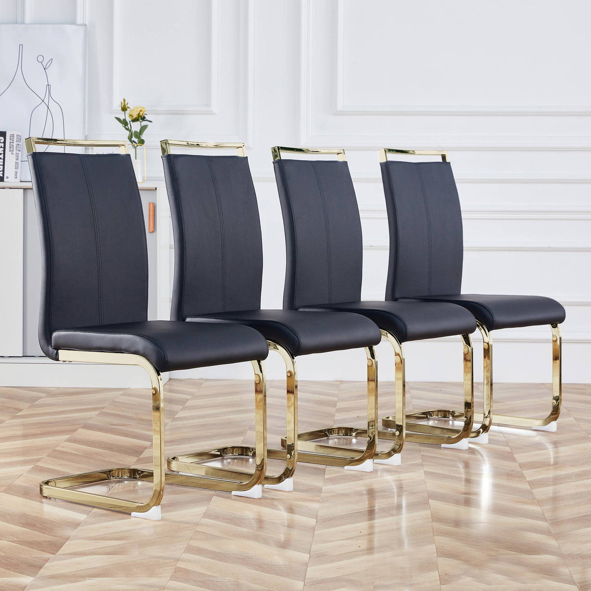 Baysitone Modern Dining Chairs Set Of 4, Side Dining Room Chairs With Golden Legs, Kitchen Chairs With Faux Leather Padded Seat High Back For Dining, Kitchen, Living Room, Black