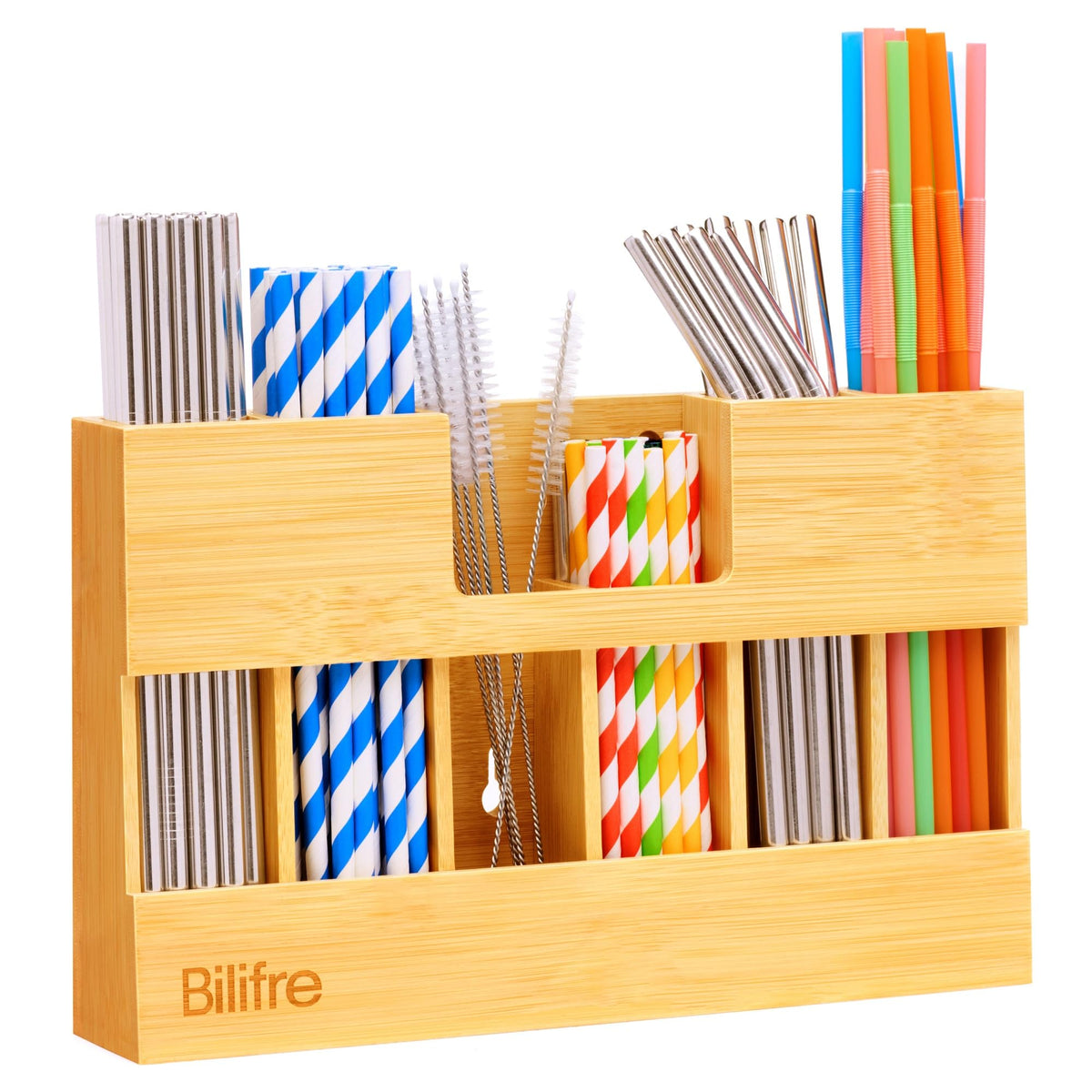 Bilifre Bamboo Straw Holder for Cabinet Door, Magnetic Mount, 6 Sections