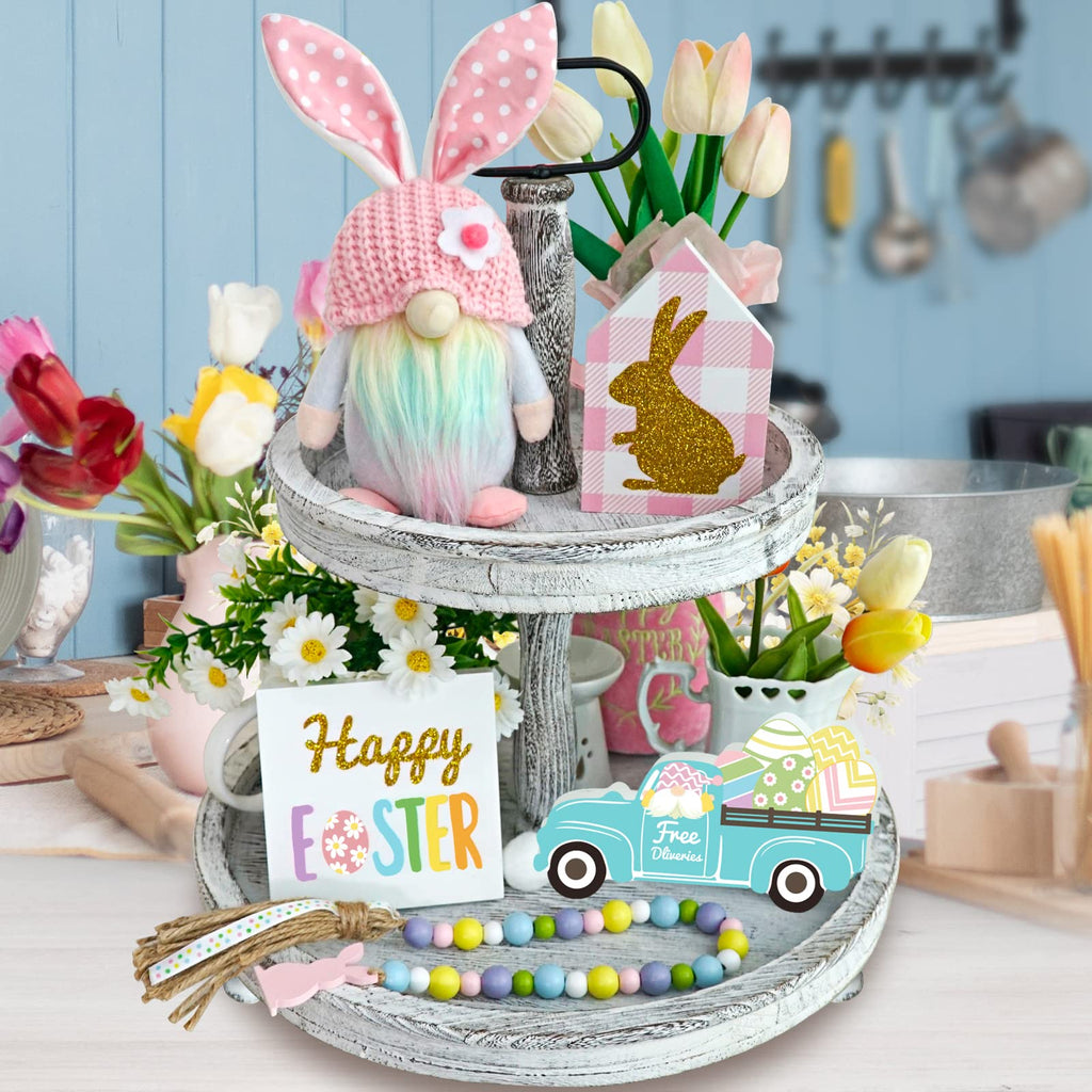 Easter Decorations, 5Pcs Easter Gnome Tiered Tray Decor, 3 Glitter Easter Wood Signs, Truck Full Of Eggs, Easter Bunny Gnome Plu