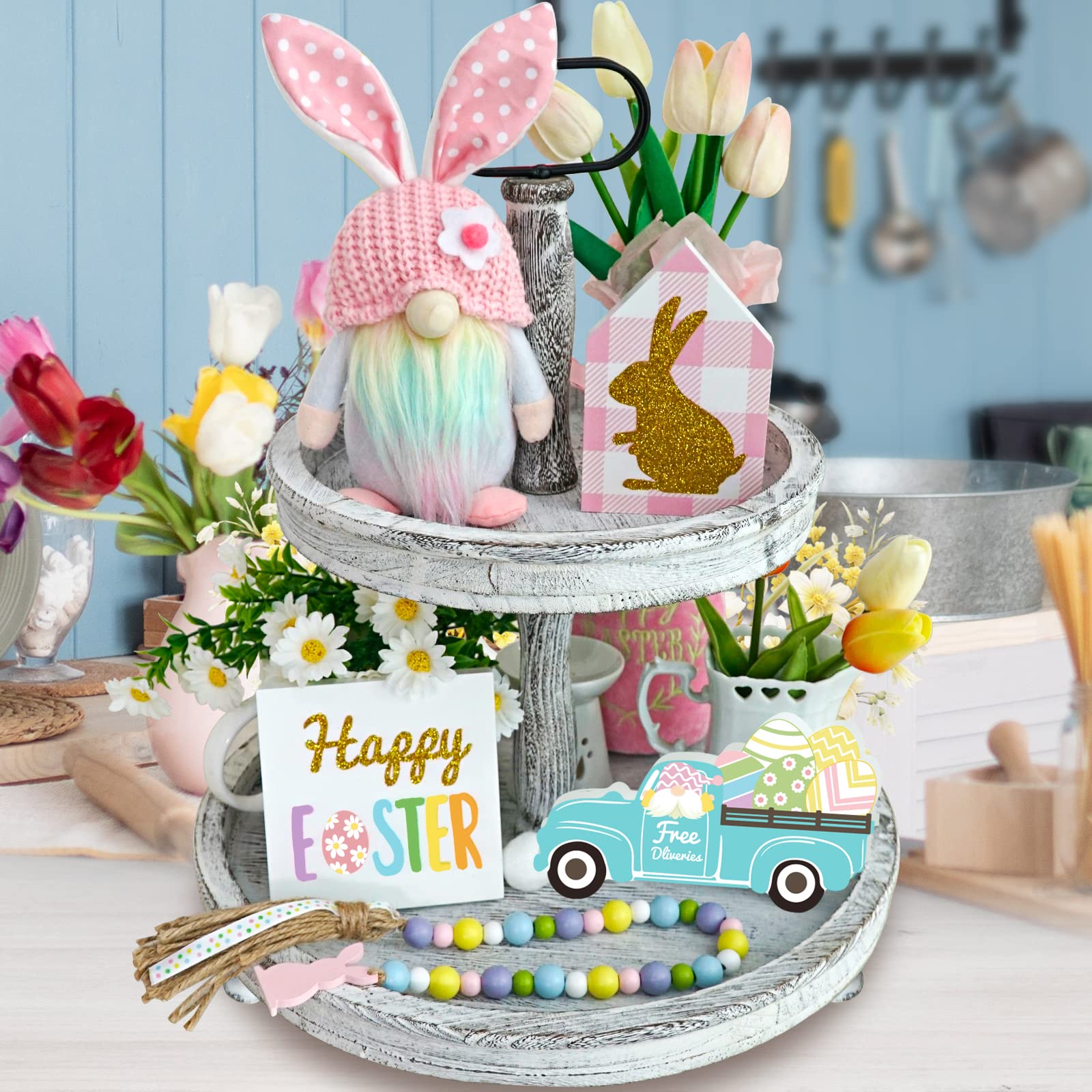 Easter Decorations, 5Pcs Easter Gnome Tiered Tray Decor, 3 Glitter Easter Wood Signs, Truck Full Of Eggs, Easter Bunny Gnome Plu