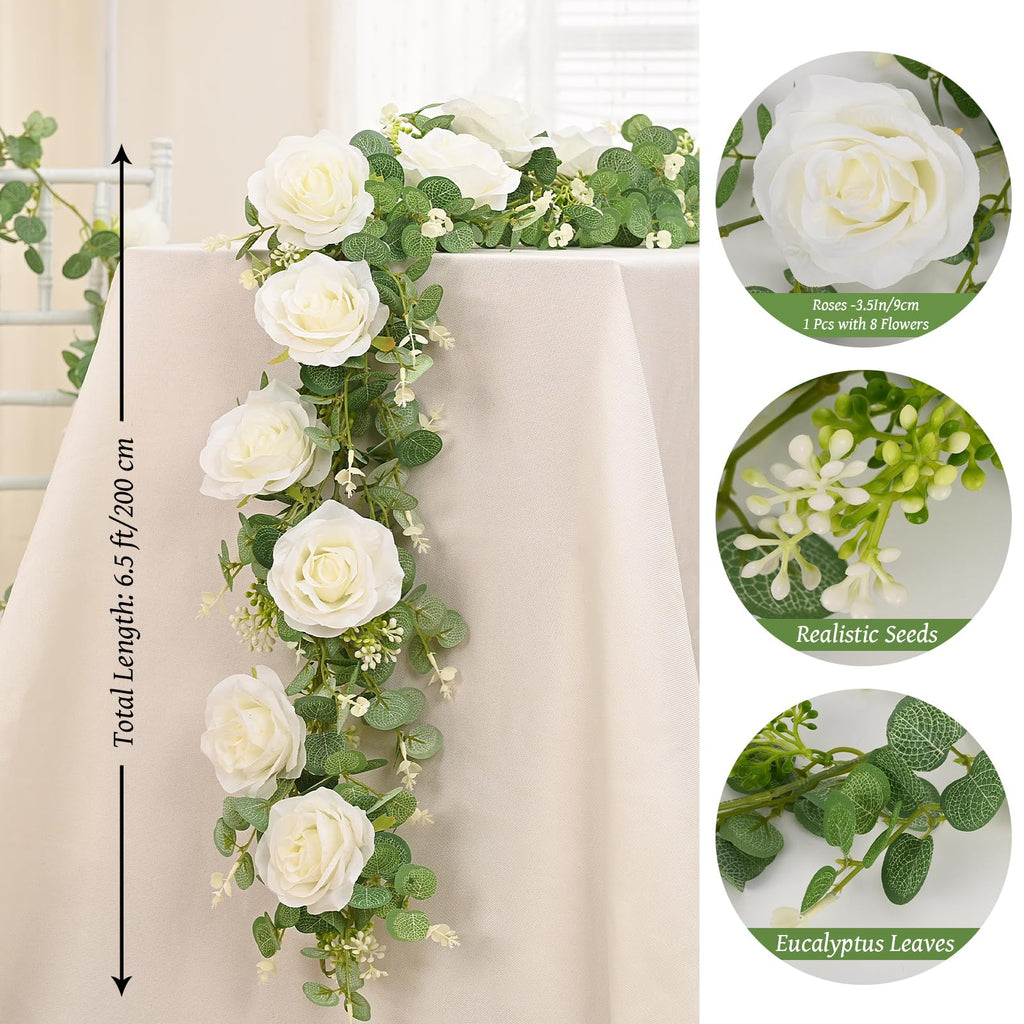 Dolicer 4Pcs 26Ft Artificial Eucalyptus Garlands With Flowers - 8 Roses, Faux Floral Greenery Garlands Fake Flowers Vines For We