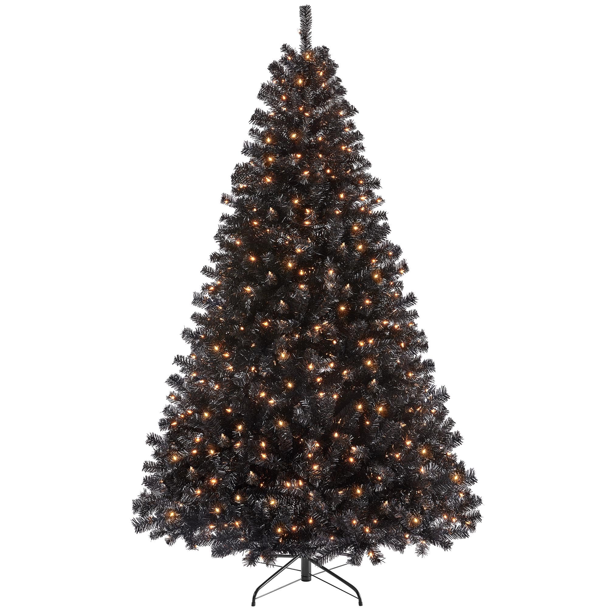 Yaheetech 7.5Ft Pre-Lit Halloween Black Artificial Hinged Christmas Pine Tree Prelighted Xmas Tree for Home Party Holiday Decora
