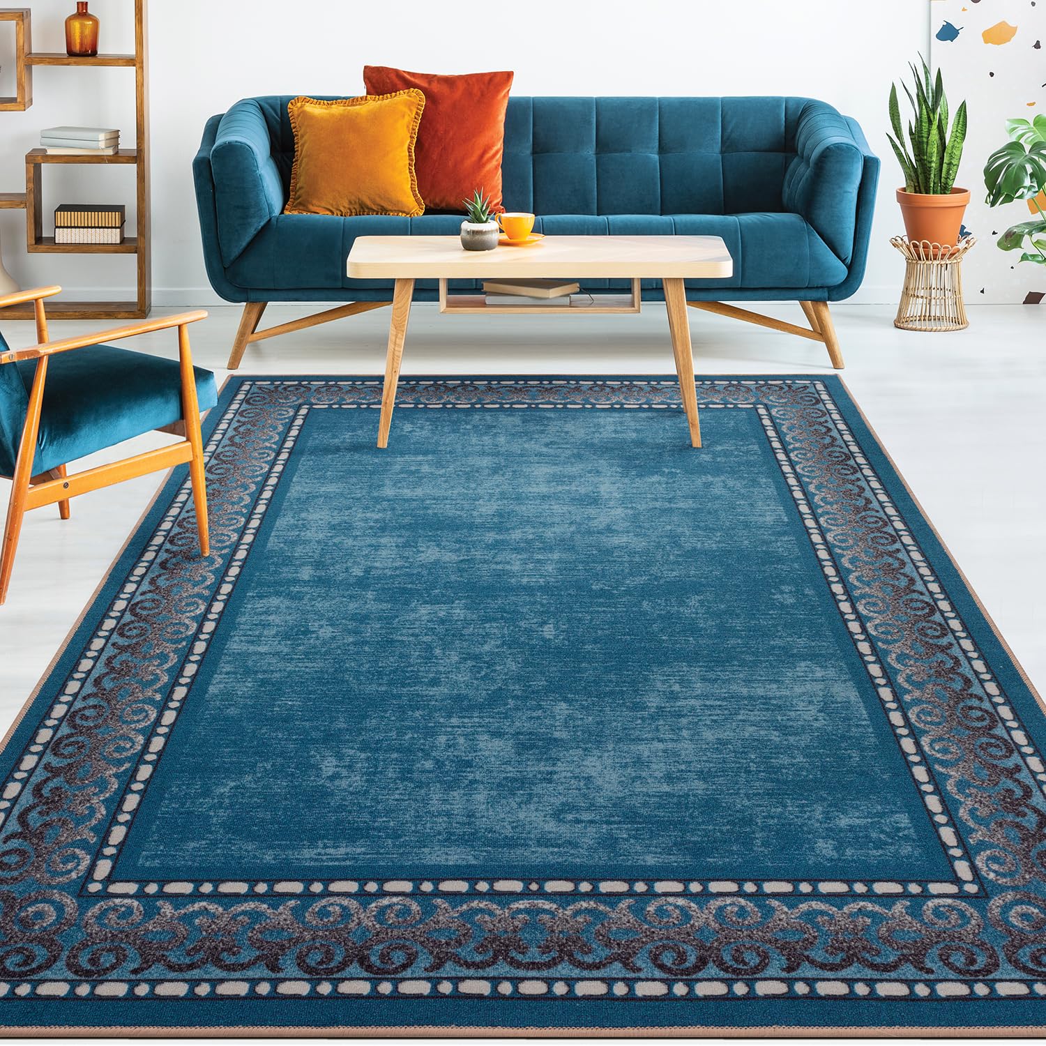 Antep Rugs Alfombras Bordered Modern 4x6 Non-Slip (Non-Skid) Low Pile Rubber Backing Indoor Area Rug (Turquoise Blue, 4 x 58)