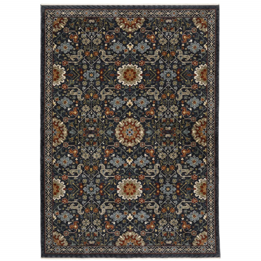 HomeRoots 507973 8 x 11 ft. Blue Red Ivory & Gold Oriental Power Loom Stain Resistant Rectangle Area Rug with Fringe