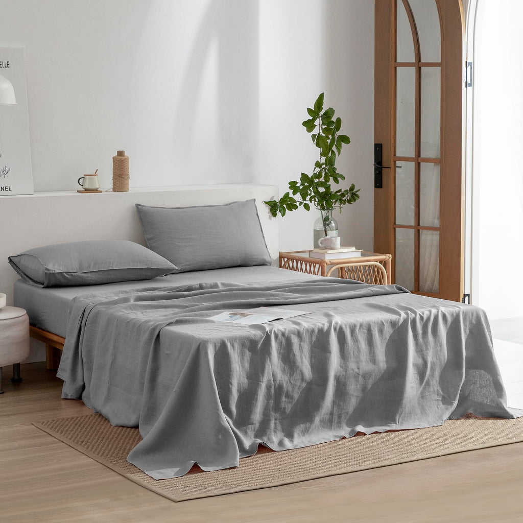 Everly Linen Sheets California King Size 100% French Stonewash Pure Linen Bed Sheets 4Pieces (1Flat Sheet,1Fitted Sheet,2Pillowc
