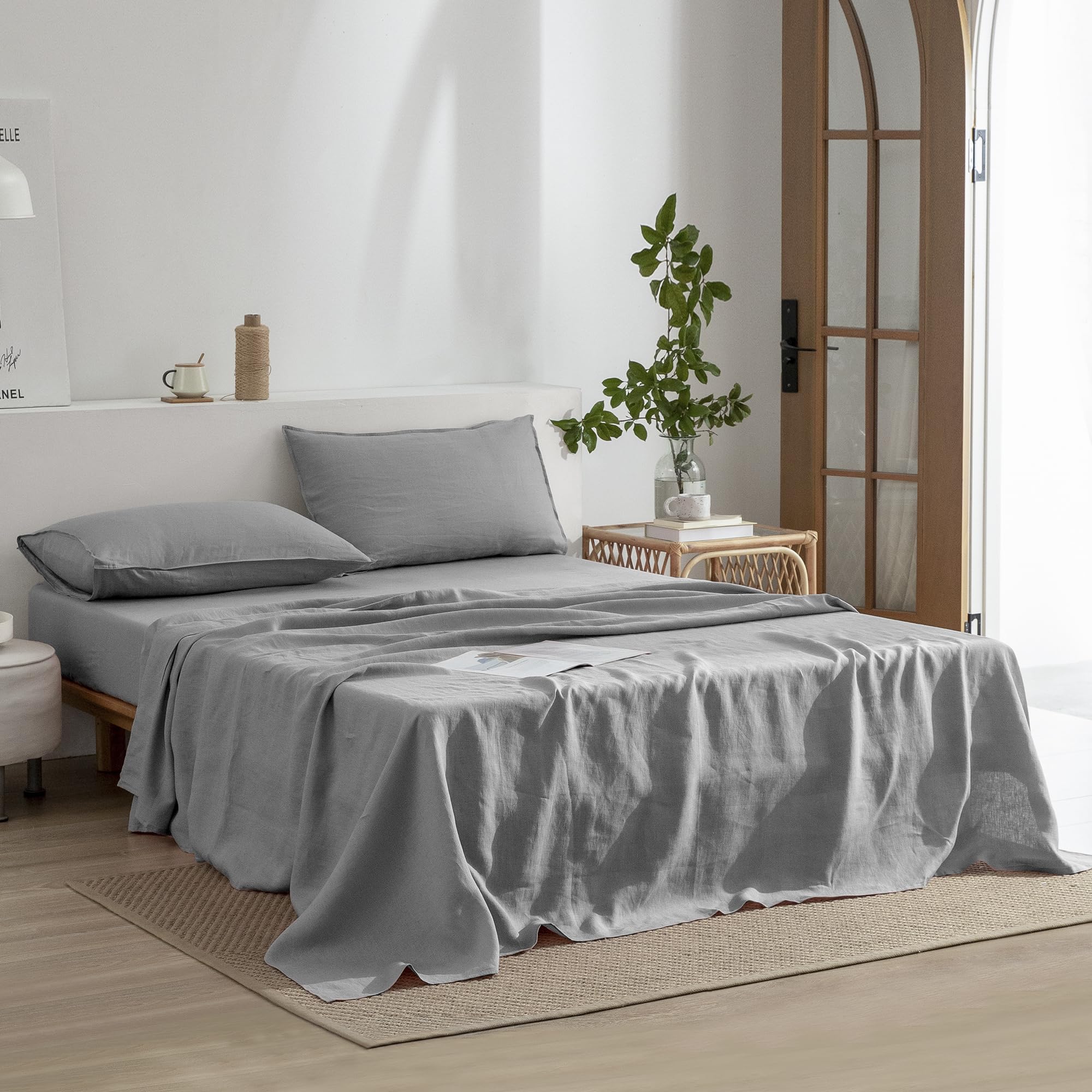 Everly Linen Sheets California King Size 100% French Stonewash Pure Linen Bed Sheets 4Pieces (1Flat Sheet,1Fitted Sheet,2Pillowc