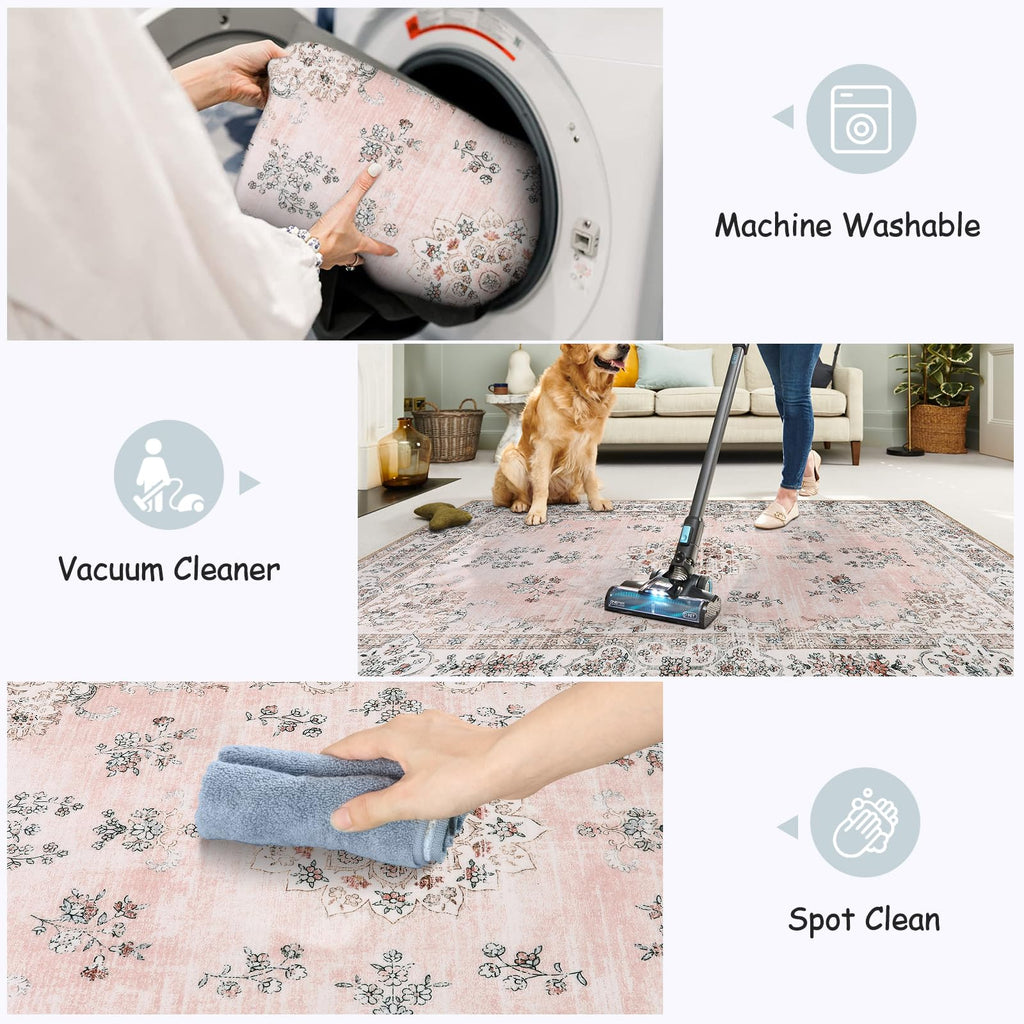 Lahome Washable 6X9 Area Rugs For Living Room, Soft Floral Pink Large Low Pile Rug For Nursery And Girls, Boho Ultra-Thin Non-Sl