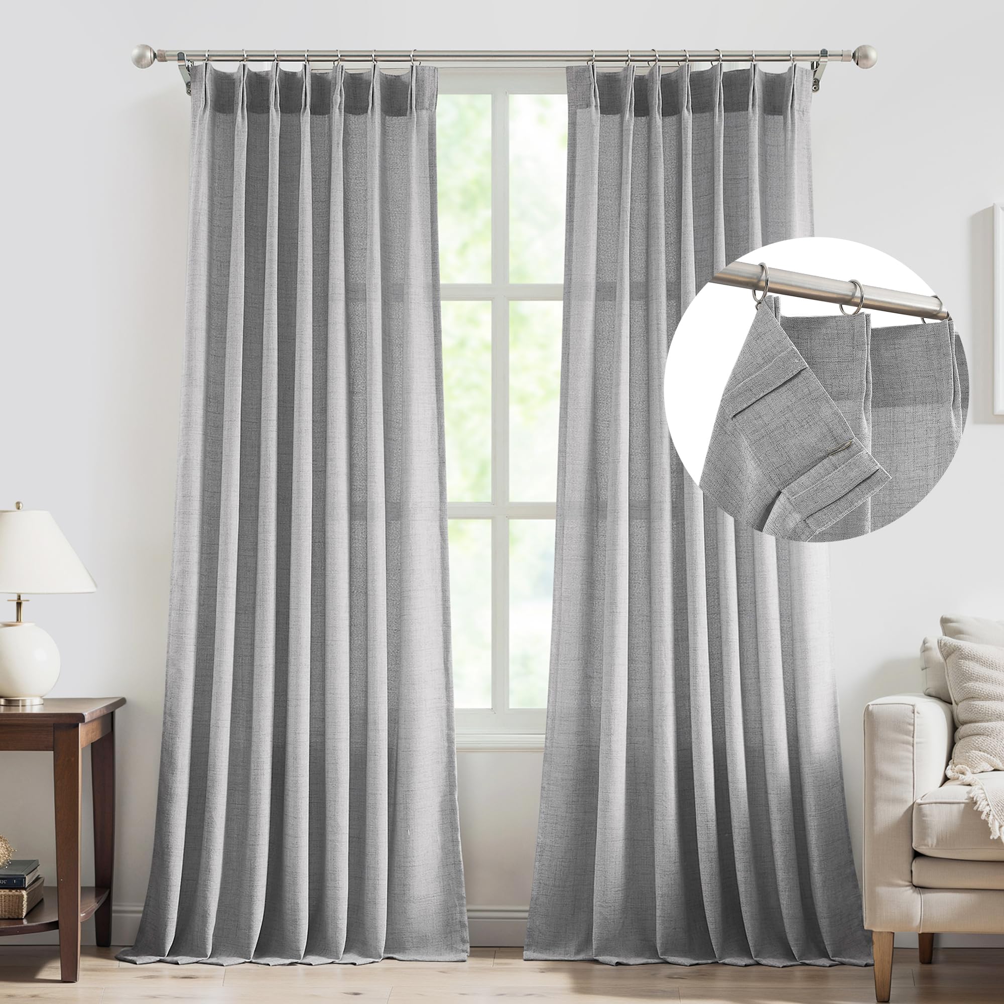 FMFUNCTEX Linen Pinch Pleated Curtains 96 Inches Long for Living Room, Dove Grey Semi Sheer Pleat Drapes for Bedroom with Hooks,