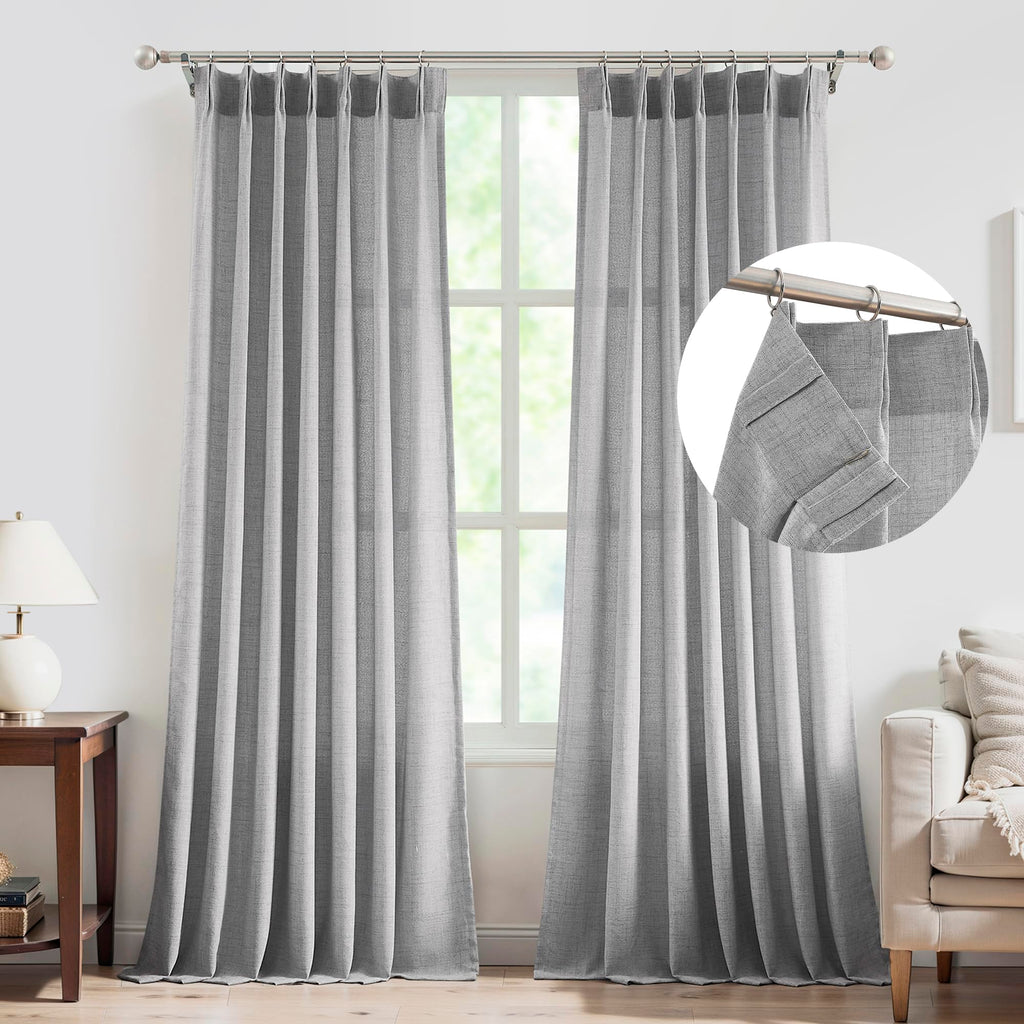 FMFUNCTEX Linen Pinch Pleated Curtains 84 Inches Long for Living Room, Dove Grey Semi Sheer Pleat Drapes for Bedroom with Hooks,