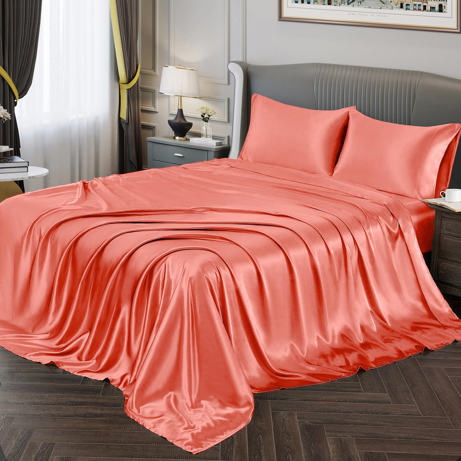 Vonty Satin Sheets Full Size Silky Soft Satin Bed Sheets Coral Satin Sheet Set, 1 Deep Pocket Fitted Sheet + 1 Flat Sheet + 2 Pi