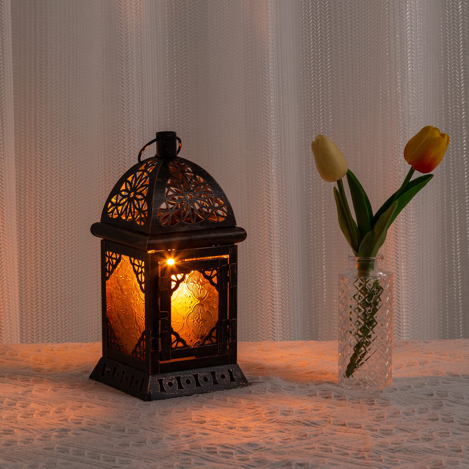 DECORKEY Candle Lantern - Vintage Moroccan 12'' Amber Glass & Black Metal Hanging/Tabletop Decor for Indoor/Outdoor Use