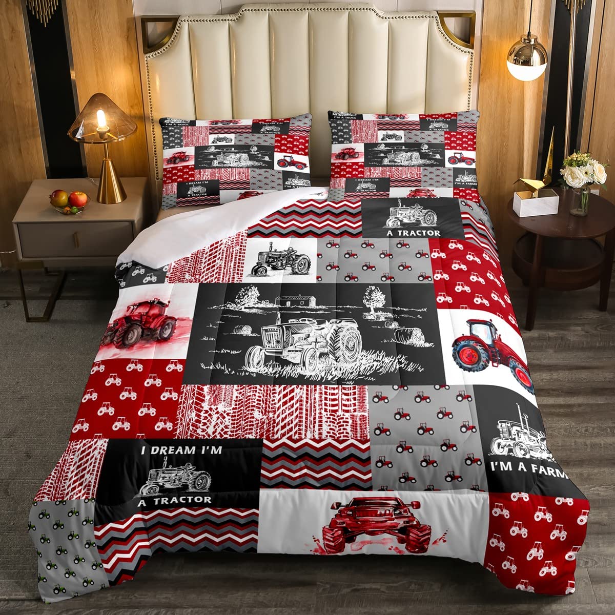 Erosebridal Red Tractor Bedding Set For Boys Twin,Construction Tractor Comforter Set Kids Teens Equipment Trucks Down Comforter
