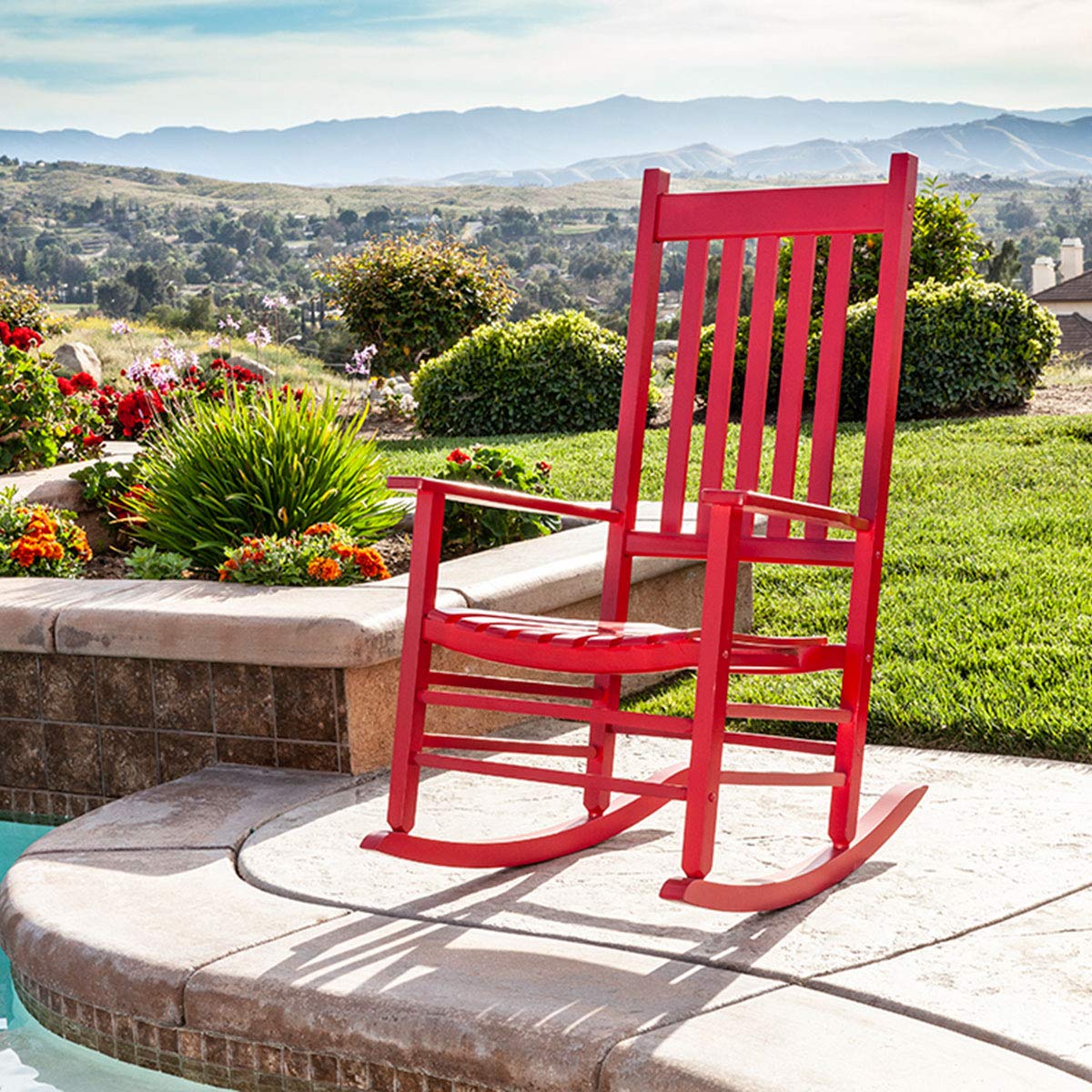 Shine Company Vermont Porch Rocker, High Back Wood Rocking Chair, Chili Pepper