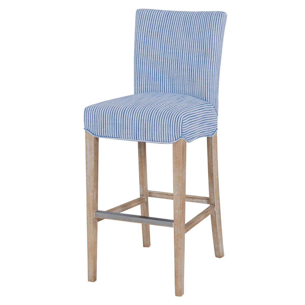 New Pacific Direct Milton Fabric Bar Stool,Natural Wood Legs,Blue Stripes,Fully Assembled