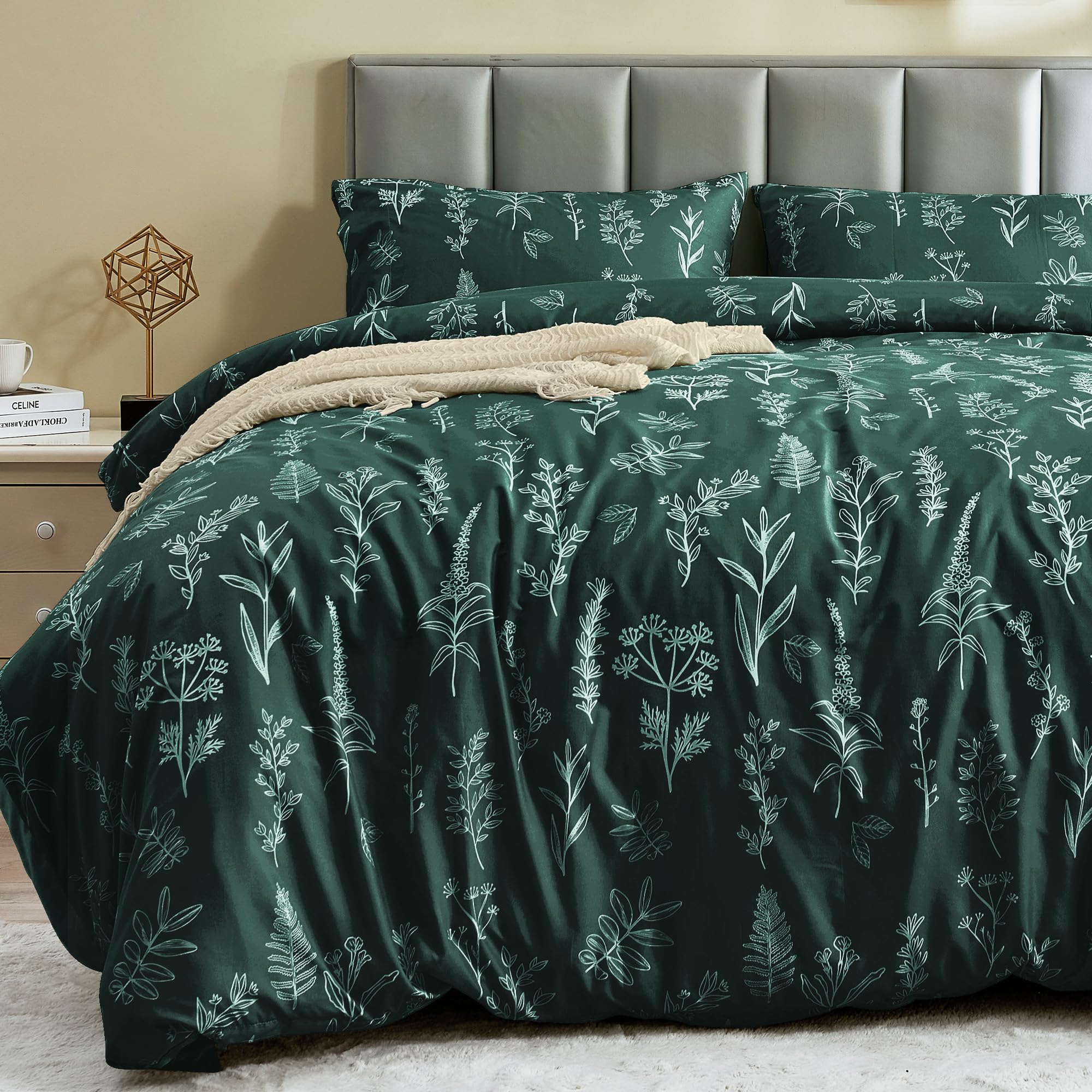 Muxhomo Duvet Cover Queen Size, Reversible Floral Forest Green Duvet Cover Set With Zipper Closure, 3 Pieces Botanical Patterns