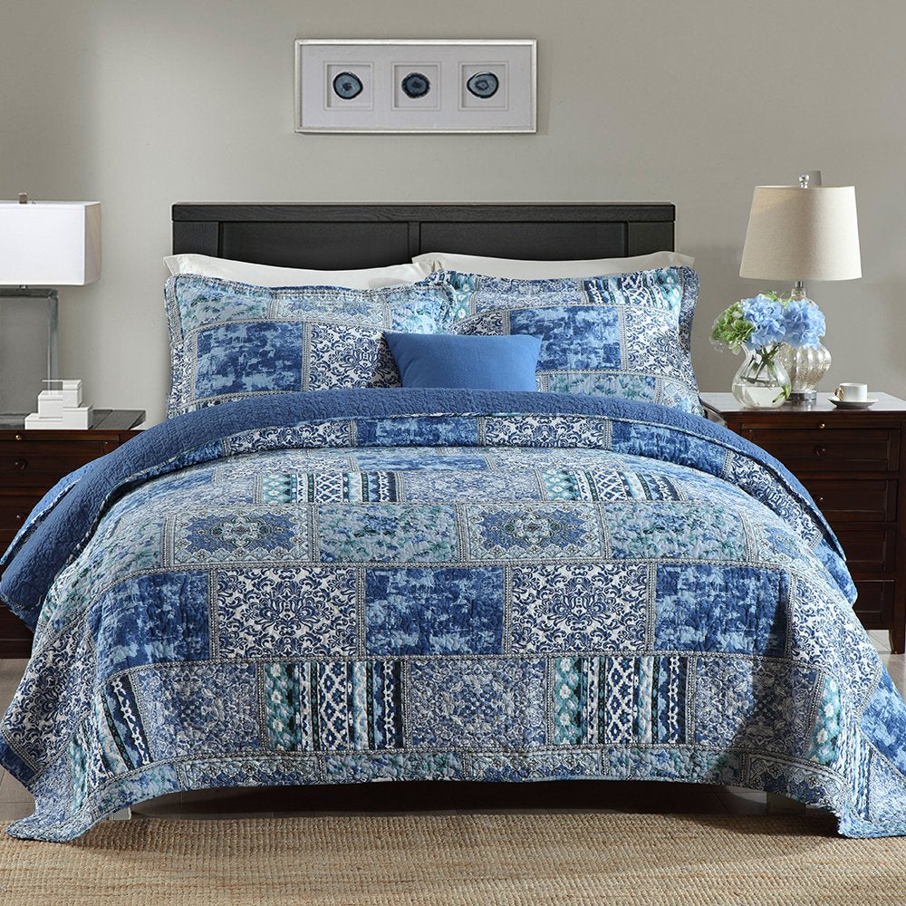 Newlake Cotton Bedspread Quilt Sets-Reversible Patchwork Coverlet Set, Blue Classic Bohemian Pattern,Twin Size