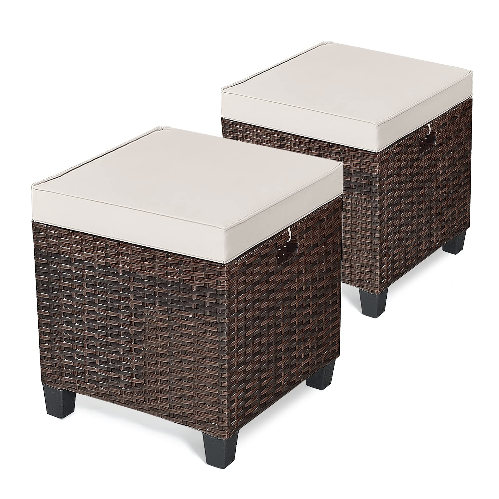 Oralner Set Of 2 Outdoor Ottoman, 16' Wicker Footstools, All-Weather Rattan Cube Foot Stool W/Removable Cushions, Square Footrest Extra Seating For Patio, Porch, Deck, Easy Assembly (Light Brown)