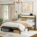 HAUSOURCE Full Bed Frame with Storage Headboard Metal Platform Bed with LED Lights, USB Ports Outlets, Non-Slip, Noise-Free, Str