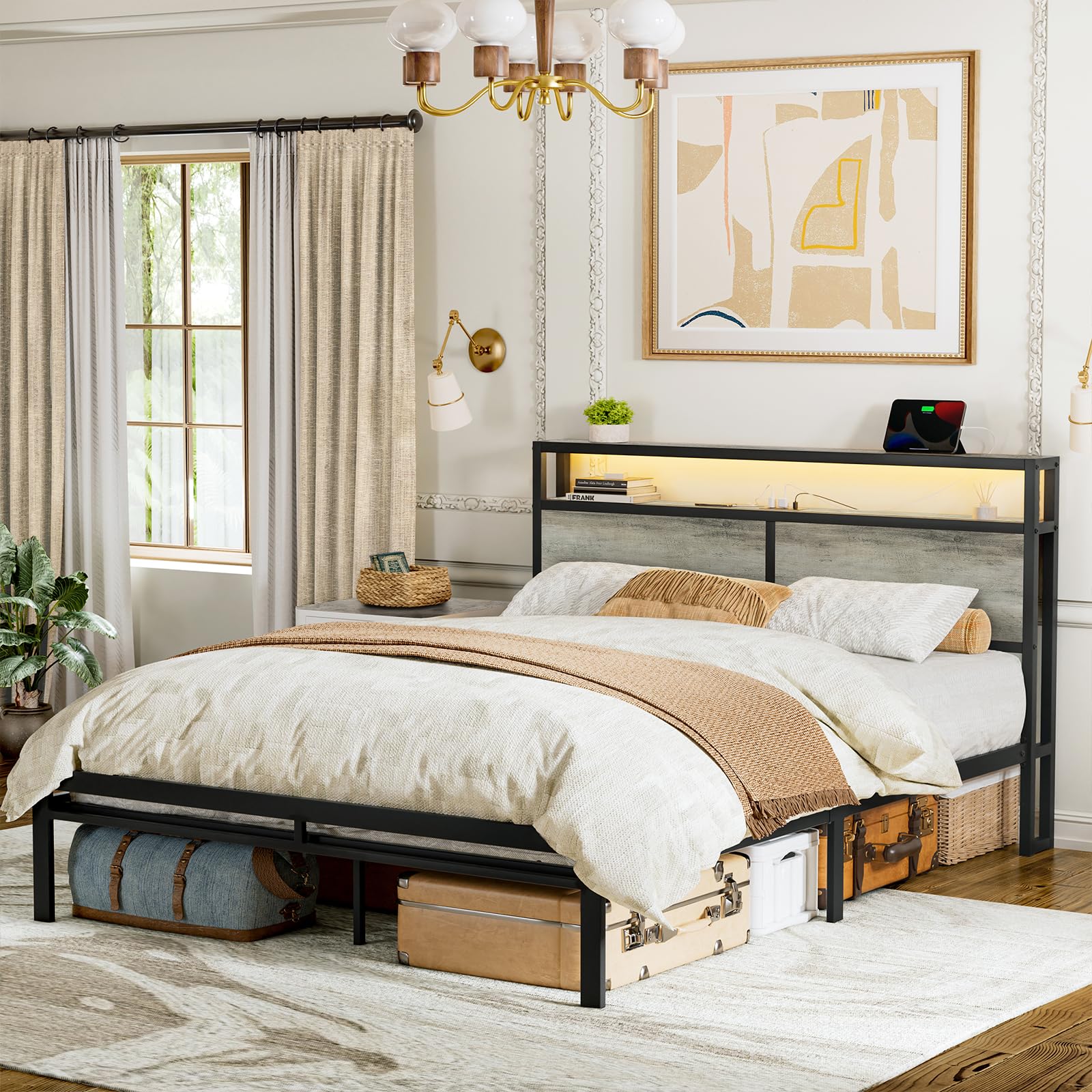 HAUSOURCE Full Bed Frame with Storage Headboard Metal Platform Bed with LED Lights, USB Ports Outlets, Non-Slip, Noise-Free, Str