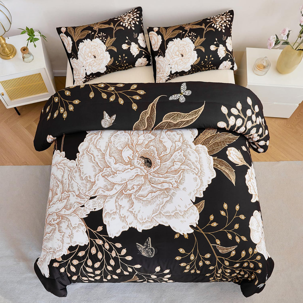 Perfemet Floral Comforter Set King, White Botanical Flower And Gold Leaves Pattern Printed On Black Design, Soft Reversible Gard
