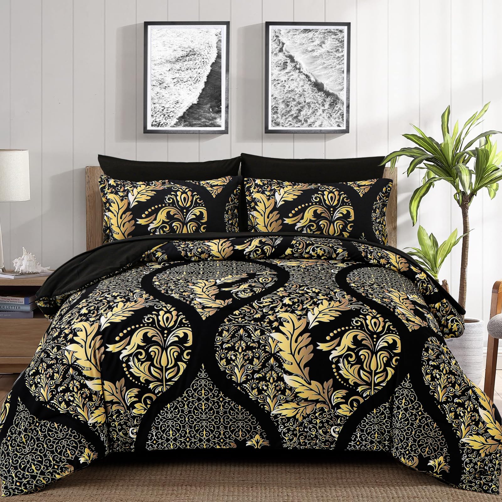 Anibedding Black Gold Comforter Set Queen Size, 7 Pieces Bohemian Damask Comforter Set Soft Lightweight Microfiber Bedding Set F