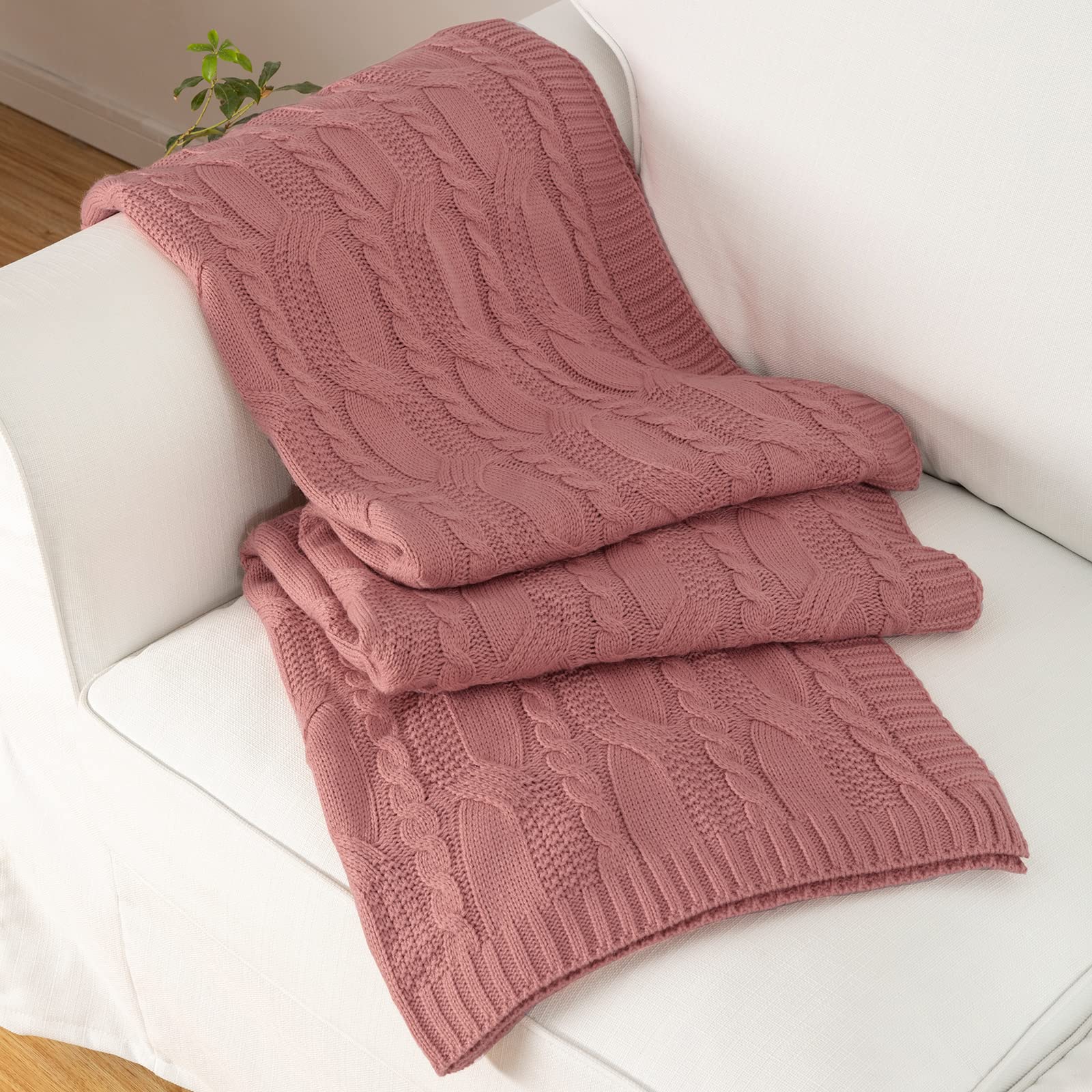 Aormenzy Dusty Pink Knit Throw Blankets Cable Knit Decorative Throw Blanket Dusty Rose Soft Cozy Knitted Blanket For Sofa Couch