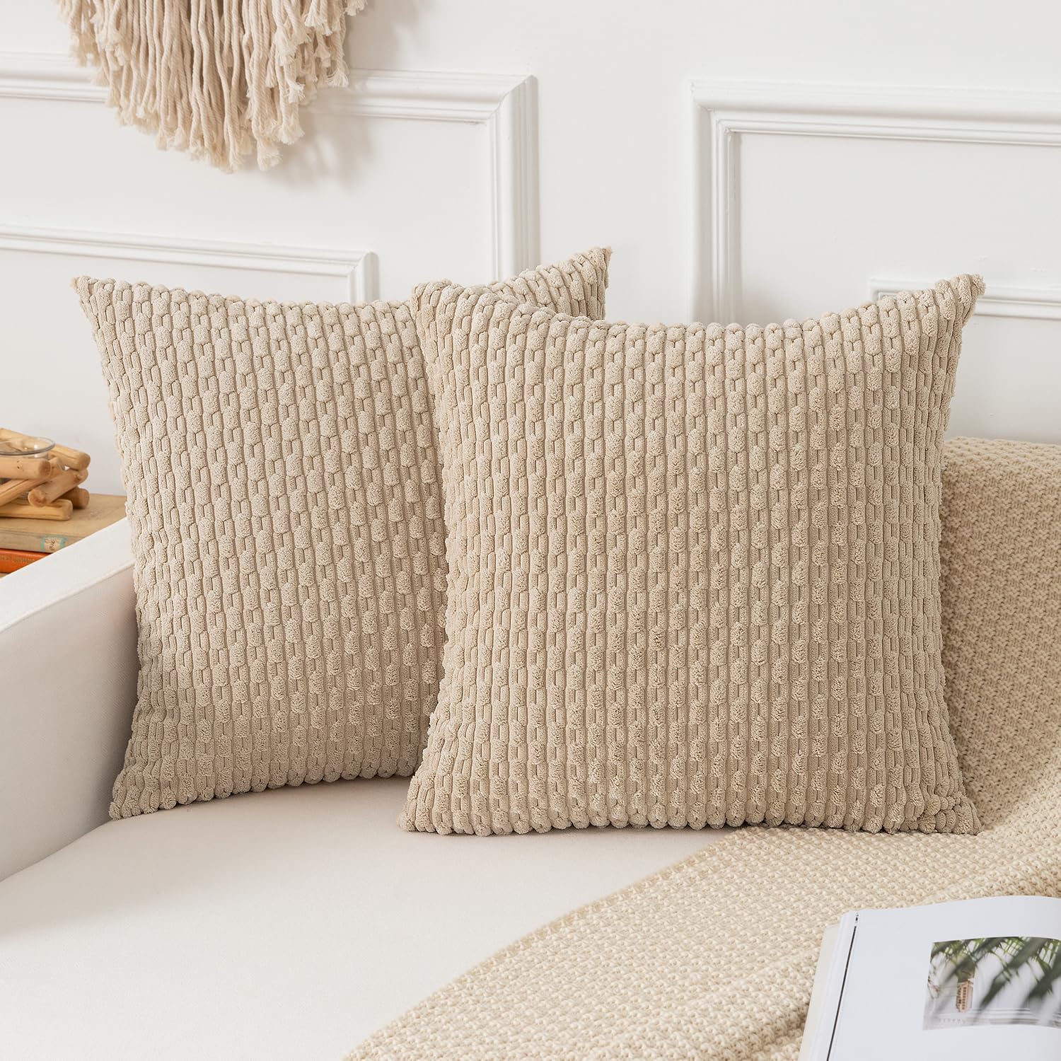 Kevin Textile Throw Pillow Covers Soft Corduroy Decorative Set Of 2 Boho Striped Pillow Covers Pillowcases Farmhouse Home Decor For Couch Bed Sofa Living Room 24X24 Inch Beige