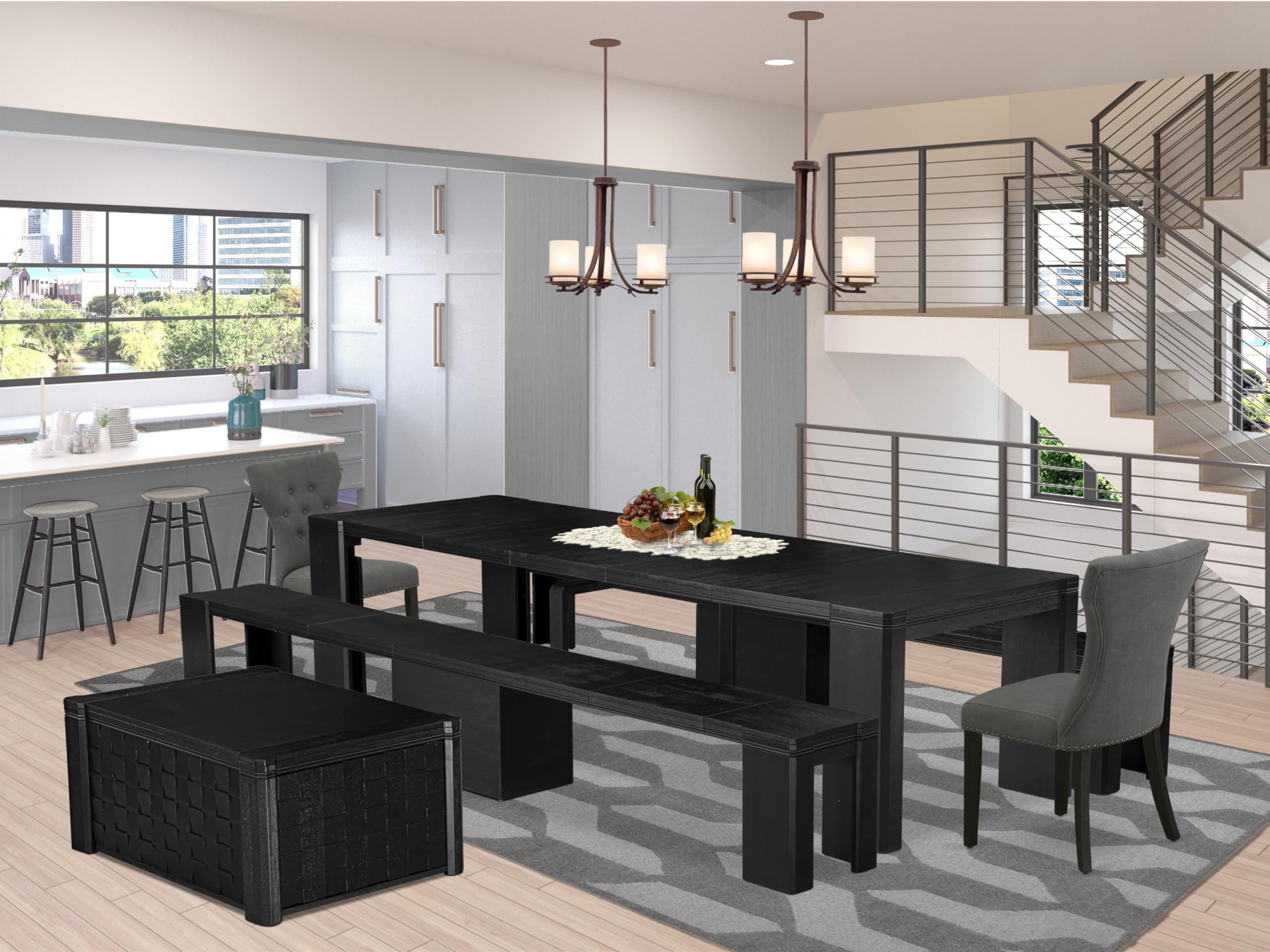 Luxe by East West Furniture - X02GA-2C6-50 - 6-pc Dining Table Set a Kitchen Table with a coffee Table 2 wooden Benches and 2 Dark Gotham Grey Fabric Dining Chair, 39x120 Inch, Wire Brushed Black