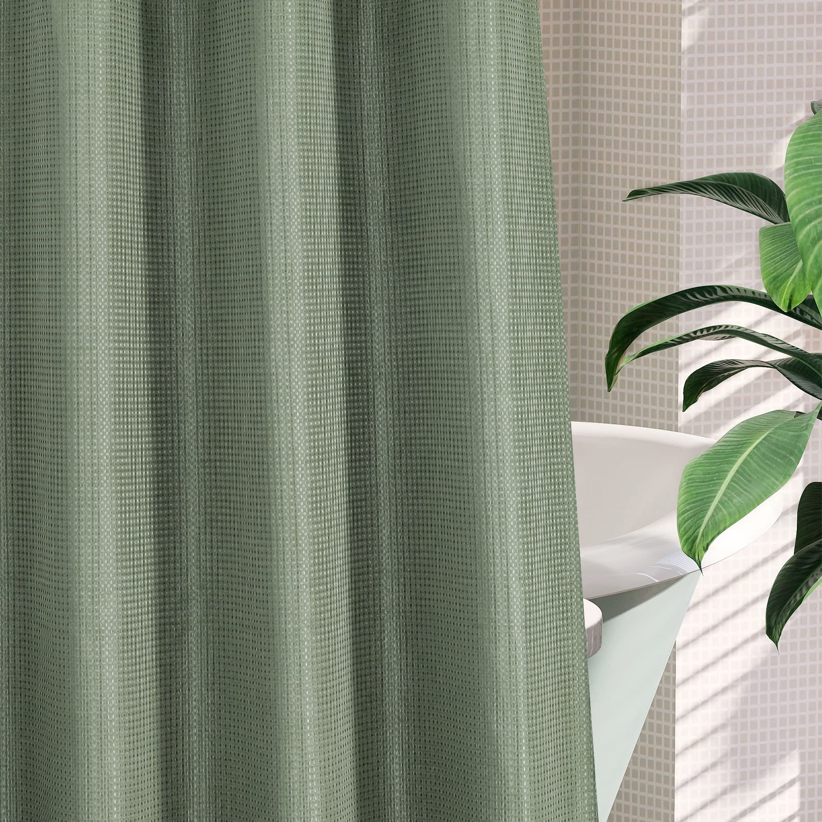 Mitovilla No Hooks Required Sage Green Waffle Shower Curtain Set With Snap-In Liner, Modern Heavyweight Fabric Shower Curtain Fo