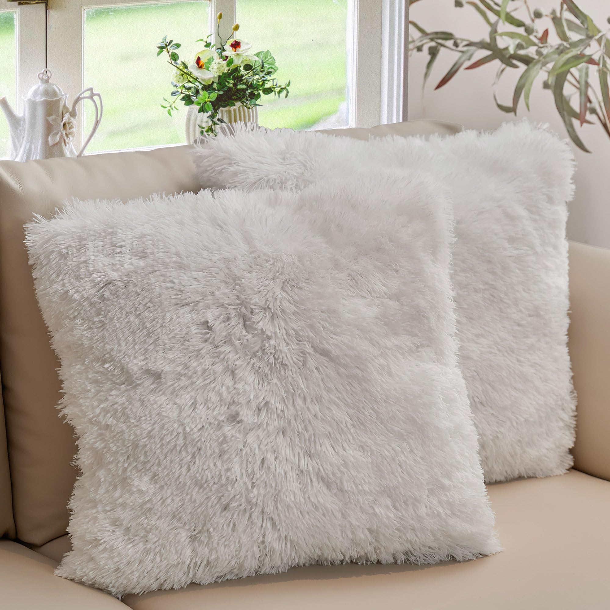 Cheer Collection Set Of 2 Shaggy Long Hair Throw Pillows - Super Soft Faux Fur Pillows For Sofa & Bed - Machine Washable - 20'