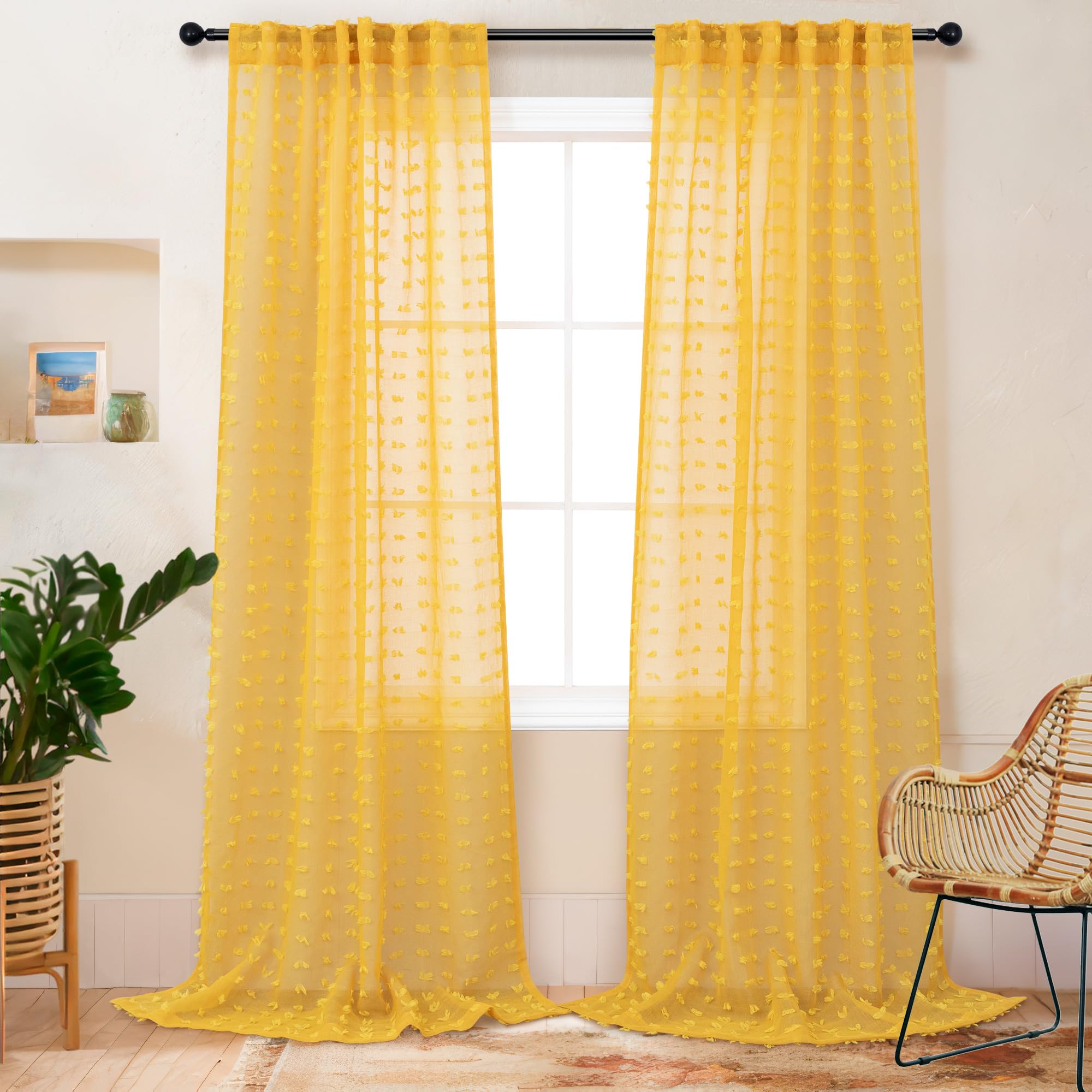 Mustard Yellow Sheer Curtains 84 Inch Length 2 Panels For Spring Living Dining Room Bedroom Boho Farmhouse Gold Semi Sheer Pom P