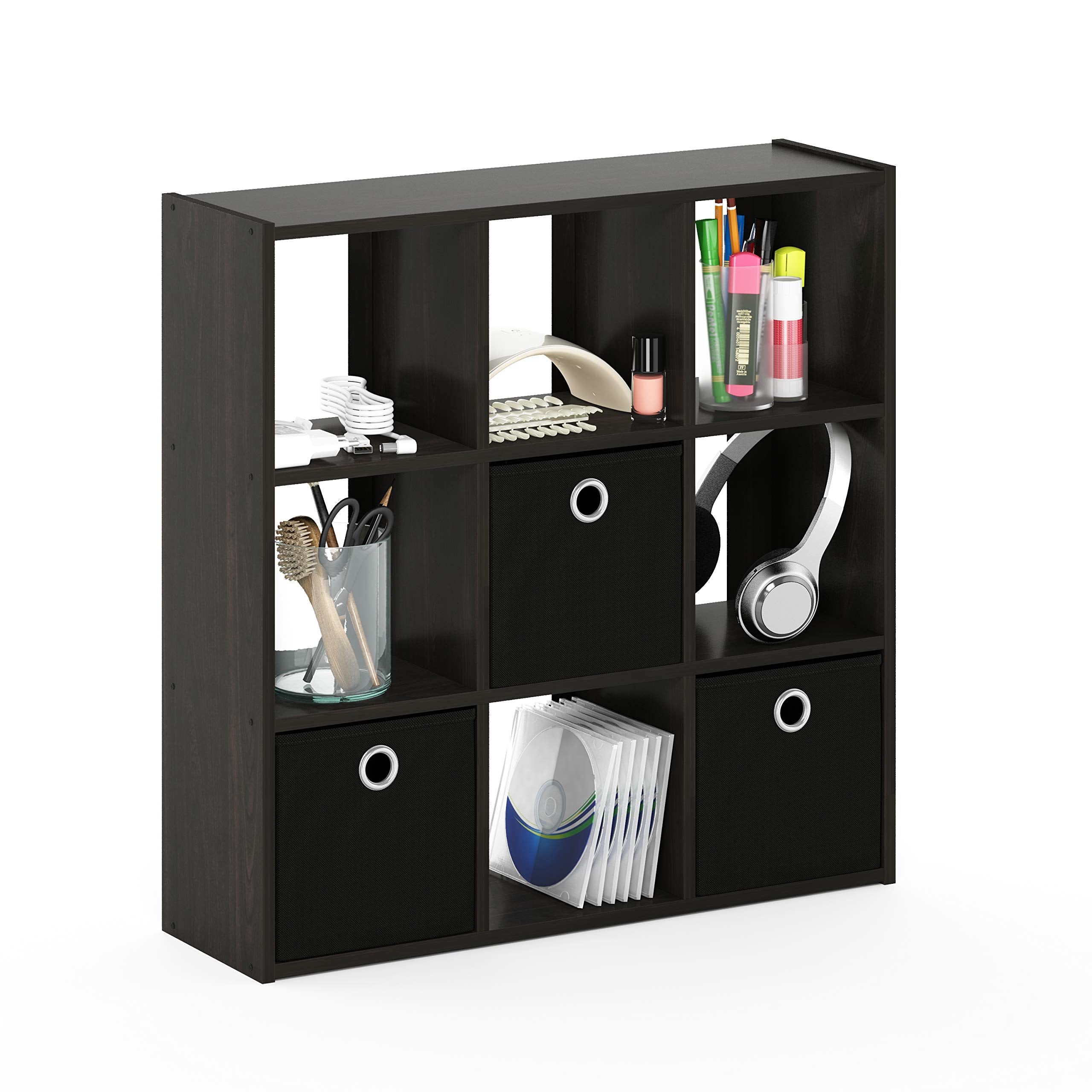 Furinno Simplistic 9-Cube Organizer with Bins, Small Size (Assembled unit dimensions : 7.9D x 26.5W x 26.7H inches), Espresso/Bl