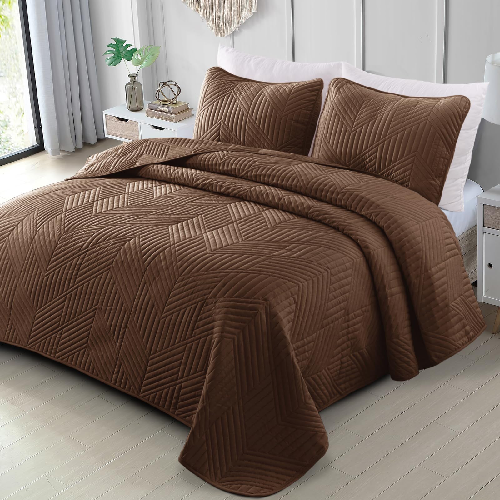 Exclusivo Mezcla Ultrasonic Full Queen Quilt Bedding Set, Lightweight Brown Bedspreads Soft Modern Geometric Coverlet Set For Al