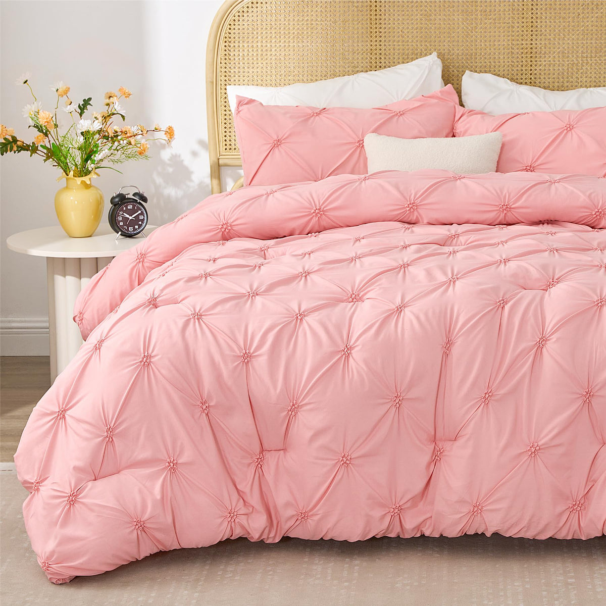 Bedelite Pink Comforter Set Queen - 3 Pieces Boho Pintuck Bedding Comforter Sets, Lightweight Soft & Warm Bed Comforter Queen Wi