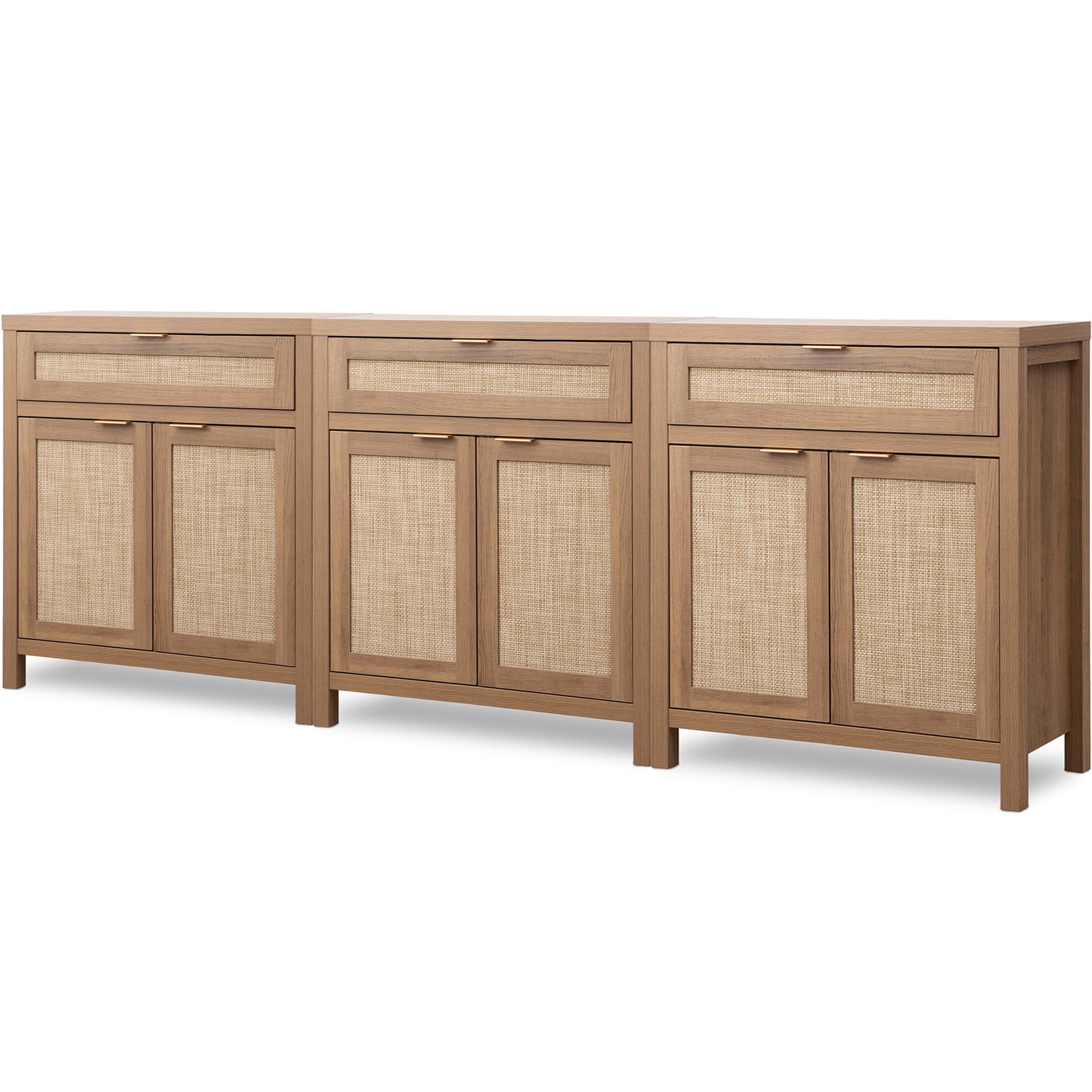 Sicotas Sideboard Buffet Cabinet Set Of 3, Rattan Credenza Storage Cabinet, Boho Buffet Table Console Cabinet With Drawer, Farmhouse Coffee Bar Cabinet For Living Room, Natural Oak