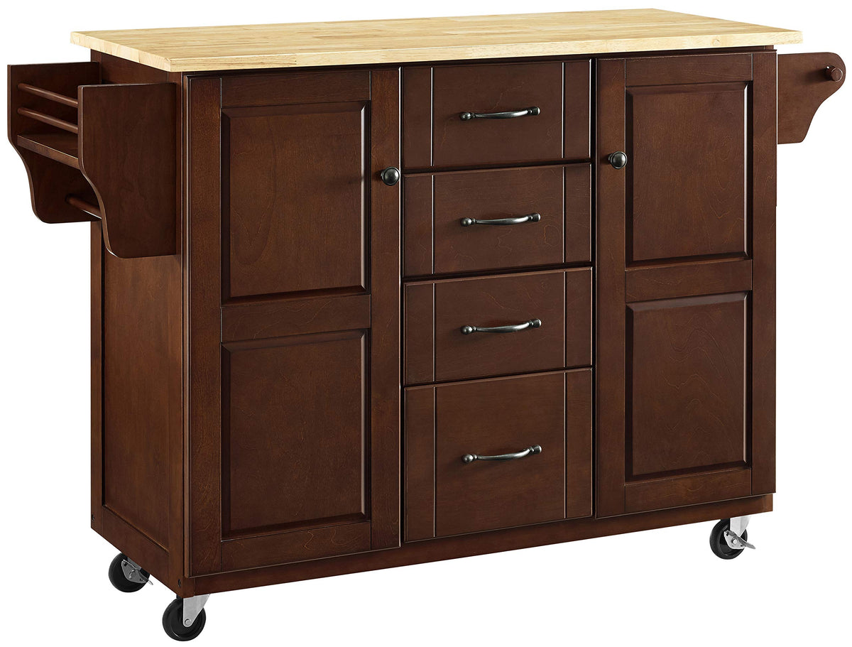 Crosley Furniture Eleanor Wood Top Rolling Cart Kitchen Island with Spice Rack, Storage Drawers and Shelves, Mahogany