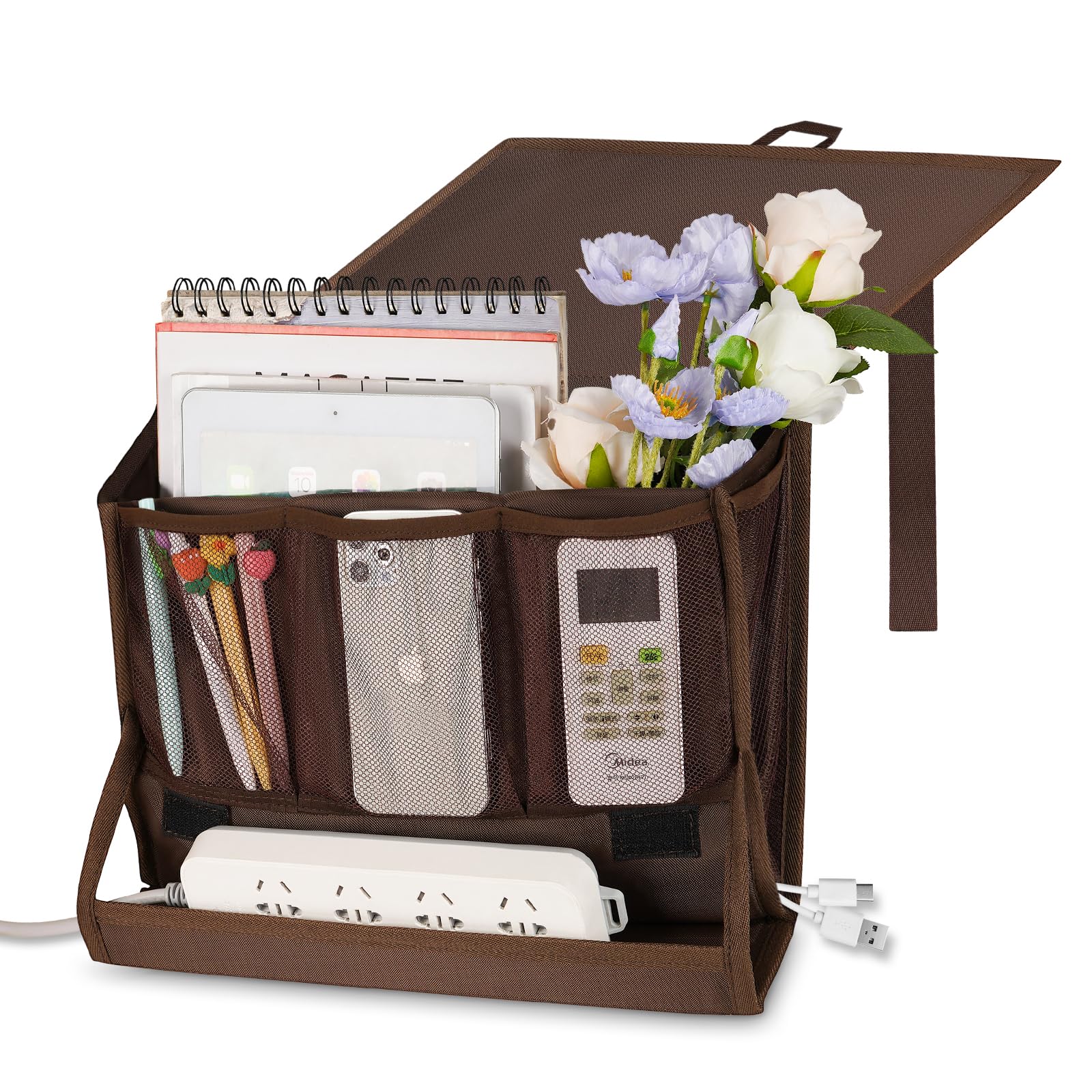 Retyion Bedside Storage Organizer with Power Strip Holder and Adjustable Straps Bed Hanging Bag for Home Bunk Bed Dorm Sofa (Bro