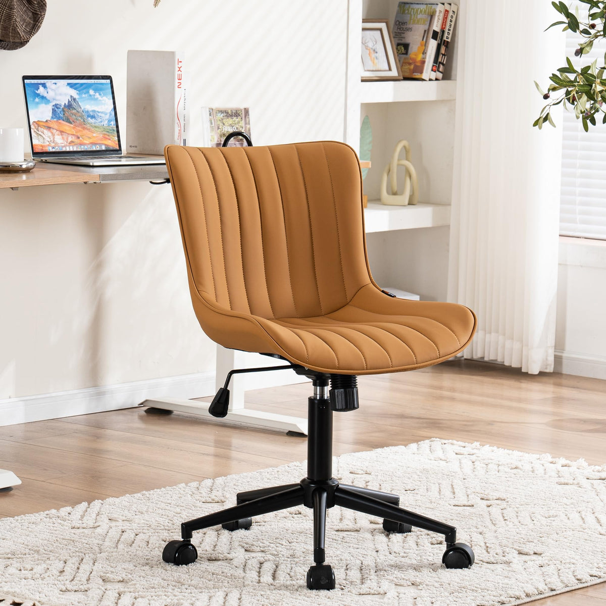 Younike Ergonomic Home Office Desk Chair With Wheels Comfy Armless Criss Cross Chair With Back Adjustable Height Modern Leather