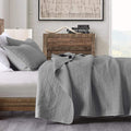 Quilt Set Twin Size Grey, Classic Geometric Spots Stitched Pattern, Stone-Washed Microfiber Chic Rustic Look, Ultra Soft Lightwe