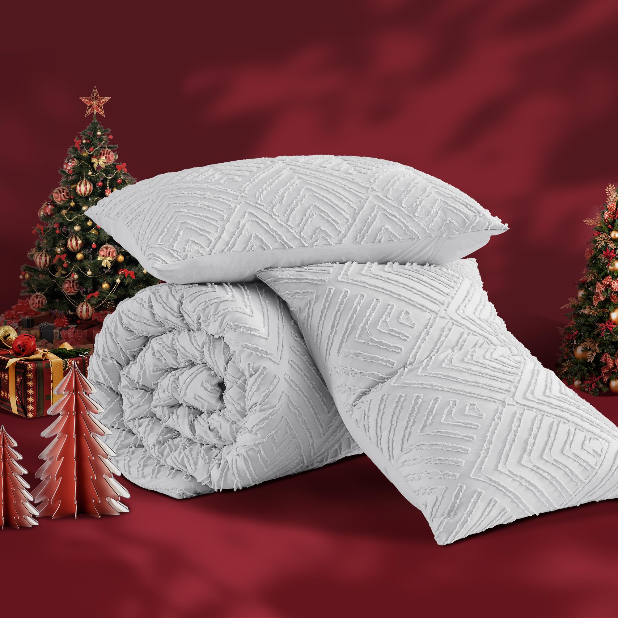 Andency Light Grey King Size Comforter Set, 3 Pieces Boho Bedding Set & Collections, Farmhouse Tufted Fluffy Bedding Comforter Sets For King Bed (1 Comforter 104X90In, 2 Pillowcases)