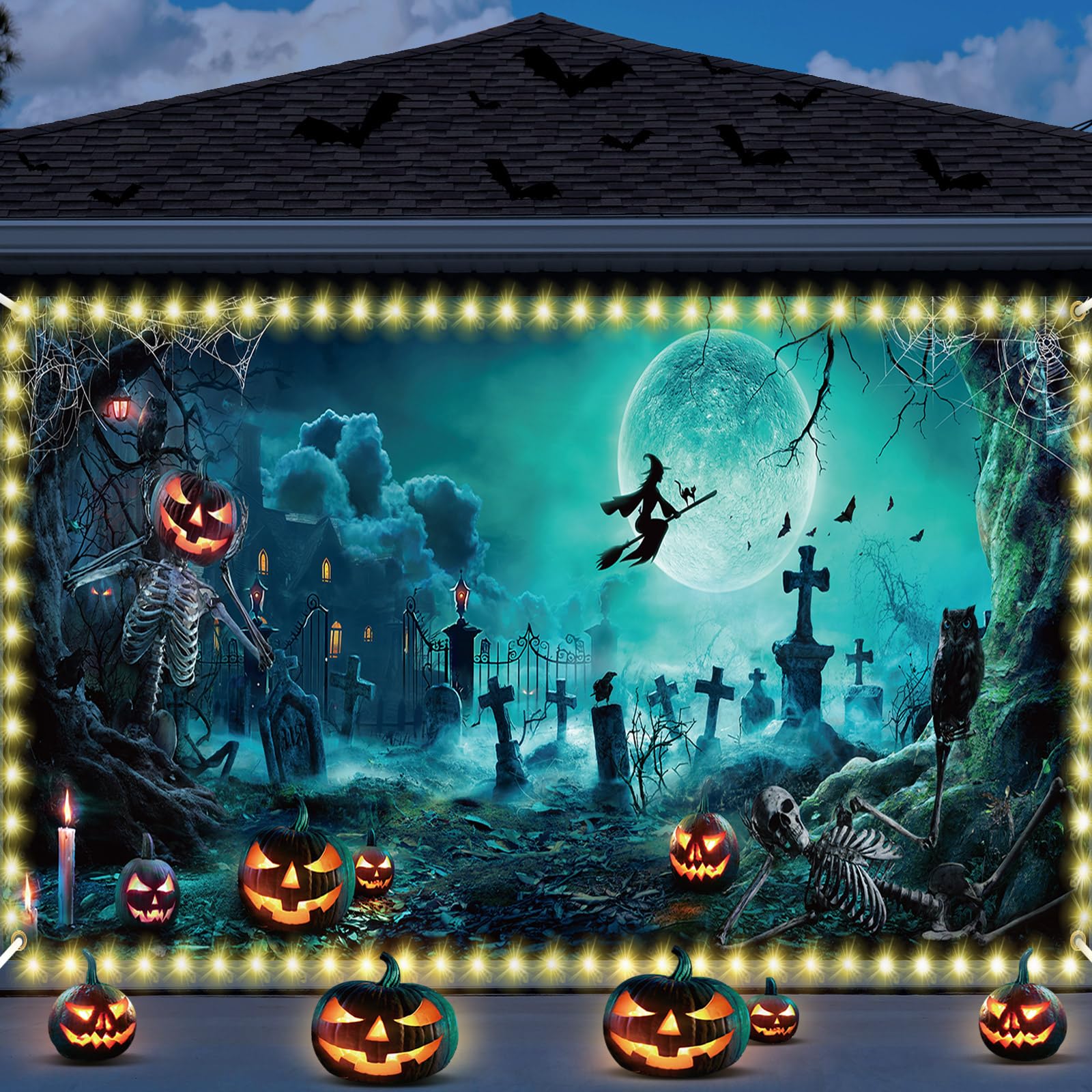 Preboun Halloween Garage Door Banner Cover 6 X 13 Ft Halloween Garage Door Decorations Scary Cemetery Halloween Pumpkin Garage D