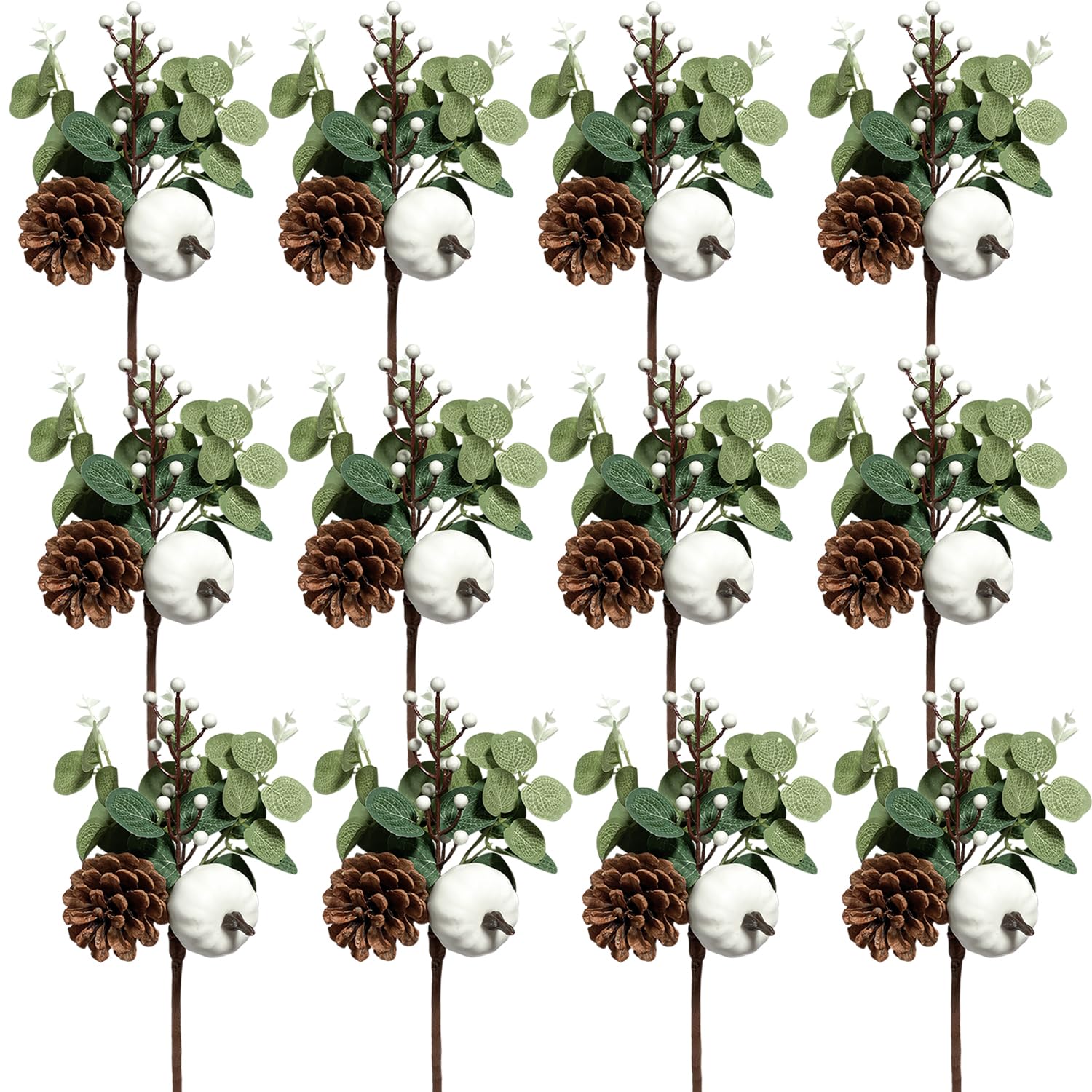 Adurself 12PCS Greenery Stems Artificial Eucalyptus Leaves Fall Picks with White Pumpkin Pinecones for Wedding Table Decor Autum