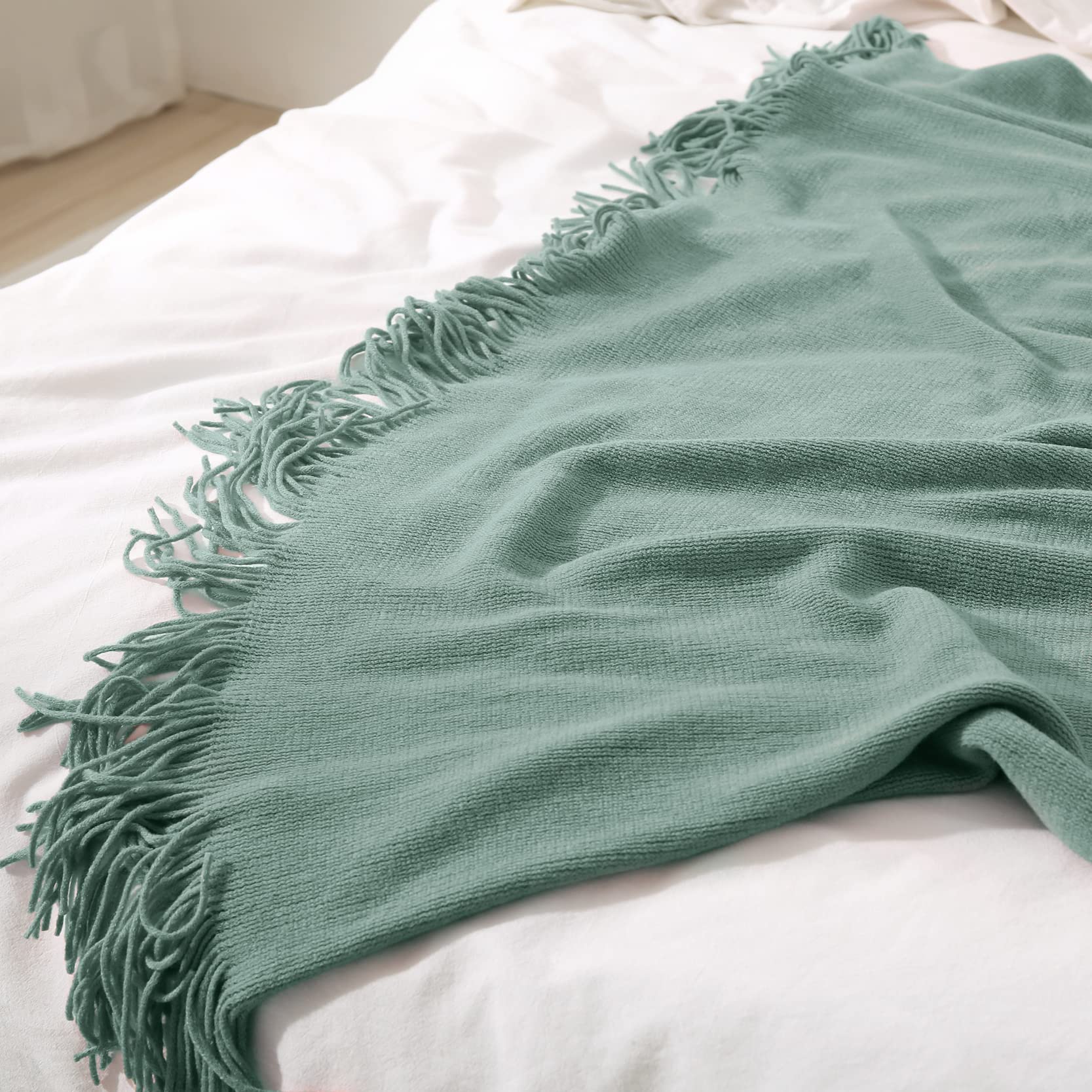 Homiest Decorative Knitted Throw Blanket With Fringe, Lightweight Blanket Acrylic Knit Blanket, Soft & Cozy Tassel Blanket For Couch Sofa Bed (Sage Green, 50 X 60 Inch)