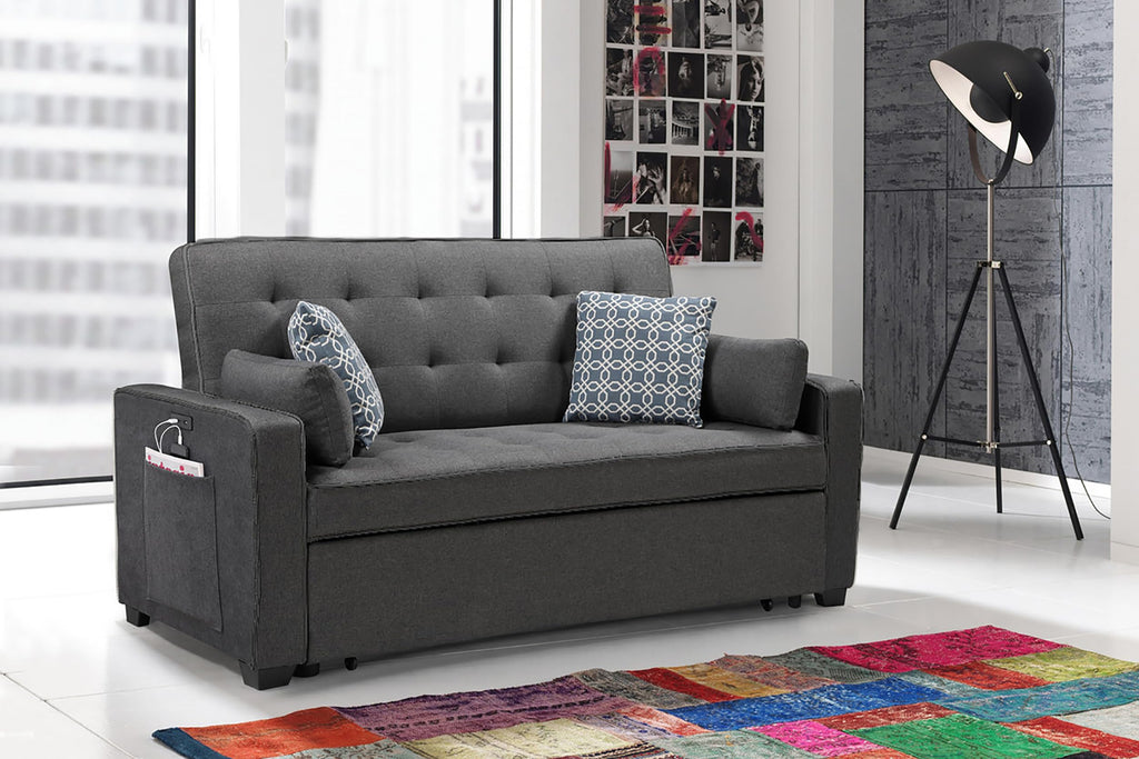 Lilola Home Cody Modern Gray Fabric 70' W Sleeper Sofa with 2 USB Charging Ports and 4 Accent Pillows