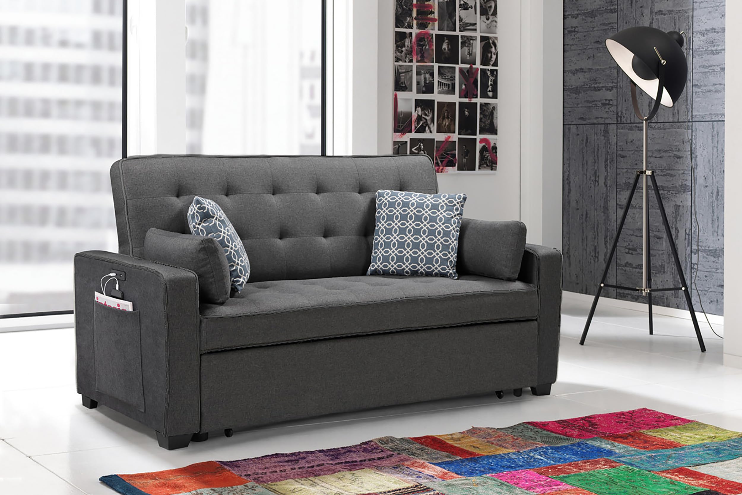 Lilola Home Cody Modern Gray Fabric 70' W Sleeper Sofa with 2 USB Charging Ports and 4 Accent Pillows