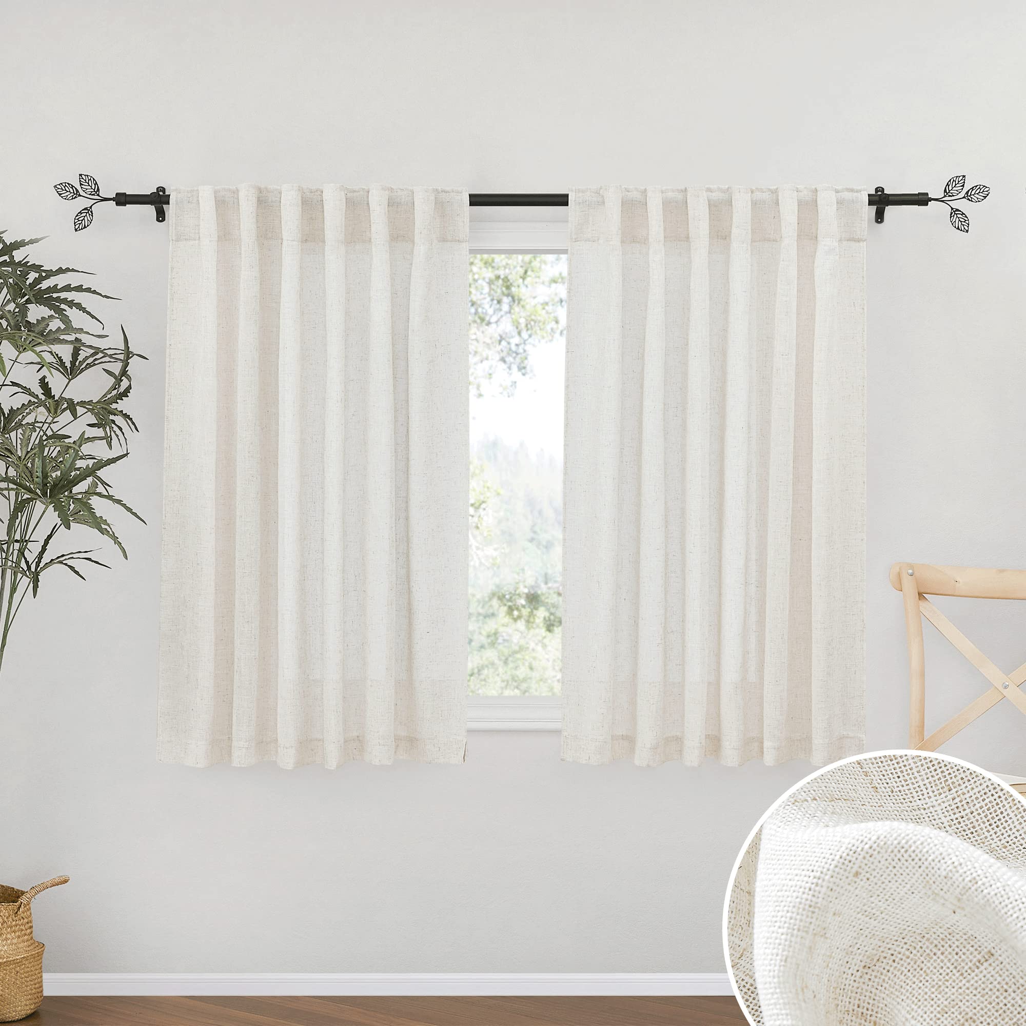 RYB HOME Linen Sheer Curtains - Faux Linen Semi Transparent Window Drapes Privacy UV Protection Short Curtains for Living Room, 